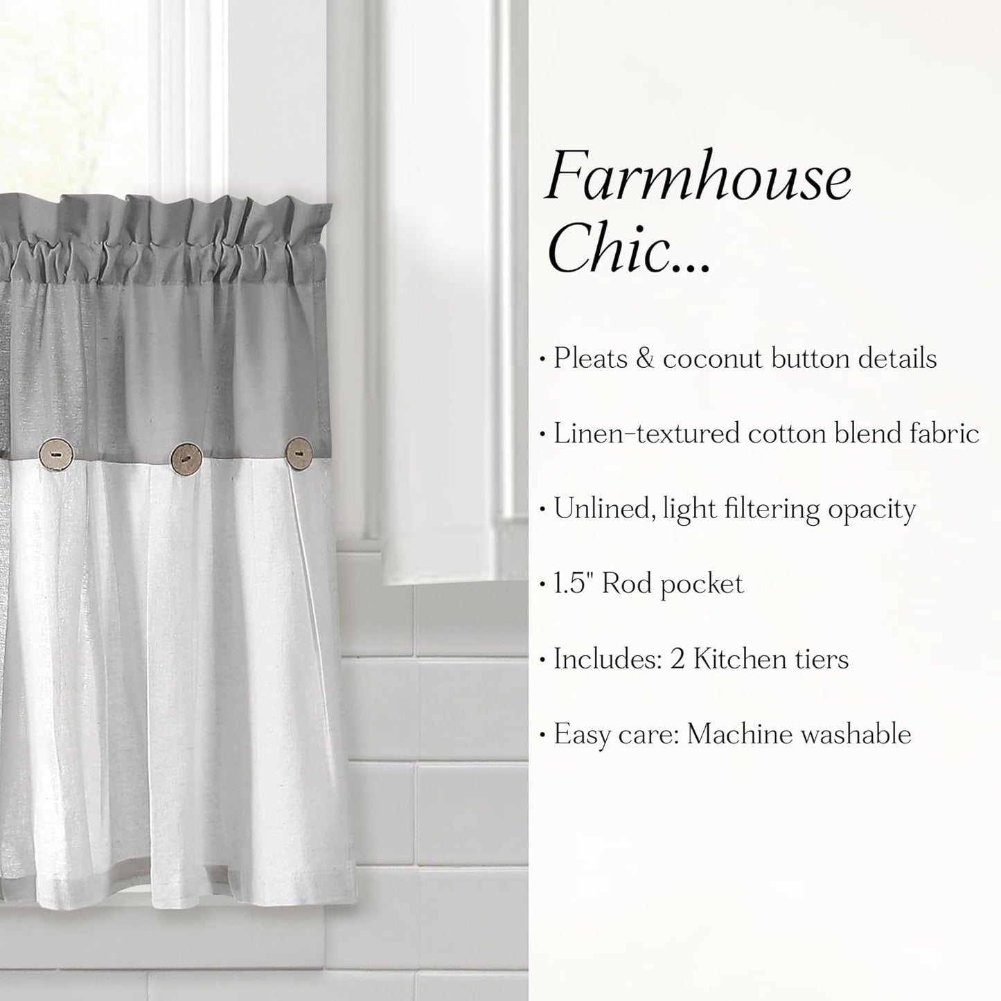 Lush Decor Linen Button Farmhouse Curtains Tier Set, Pair, 29" W x 36" L, Gray & White Farmhouse Curtains Kitchen
