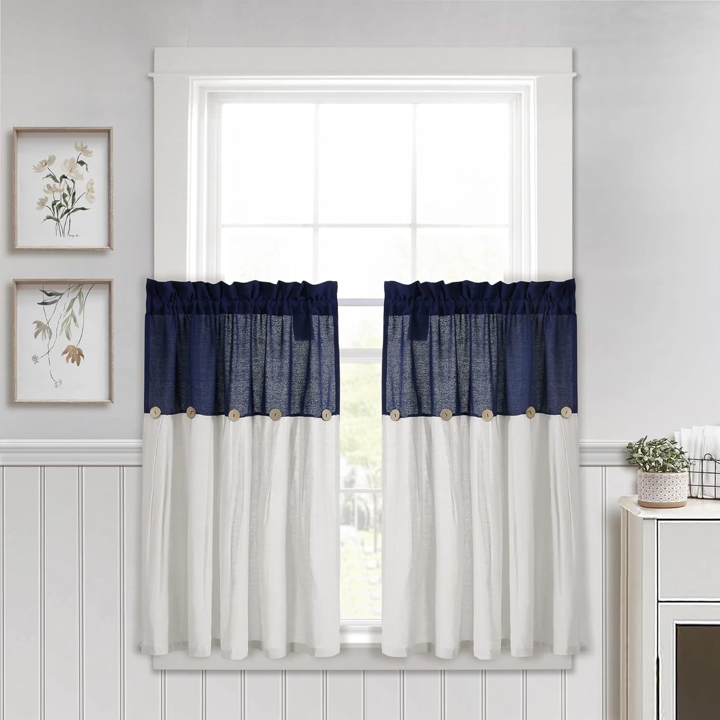 Lush Decor Linen Button Farmhouse Curtains Tier Set, Pair, 29" W x 36" L, Gray & White Farmhouse Curtains Kitchen