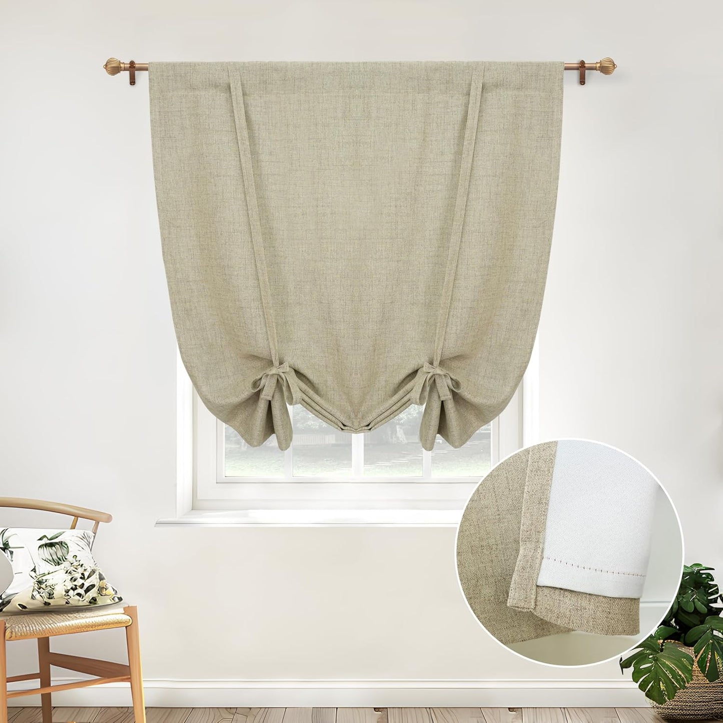 DriftAway Double Layer Linen Blackout Tie Up Curtains Thermal Insulated Fully Lined Balloon Roman Shade Bathroom Window Adjustable Rod Pocket for Small Window 31 Inch by 47 Inch Light Linen