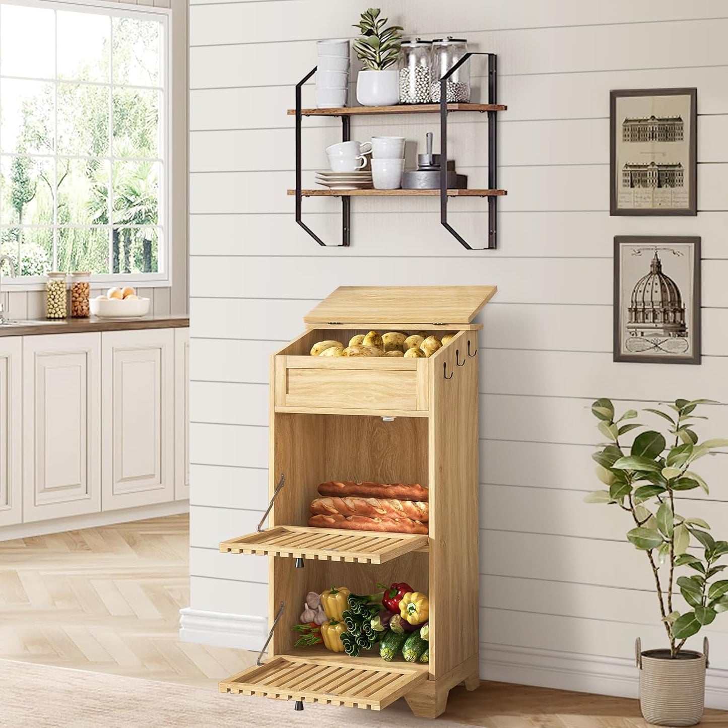 Potato Storage Bins, Farmhouse Wood Potato and Onion Storage Bins, Fruit and Vegetable Box, Food Small Kitchen Pantry Cabinet for Snack, Boho Large Wooden Bread Box, Magnetic Flip-top, 3 Tier