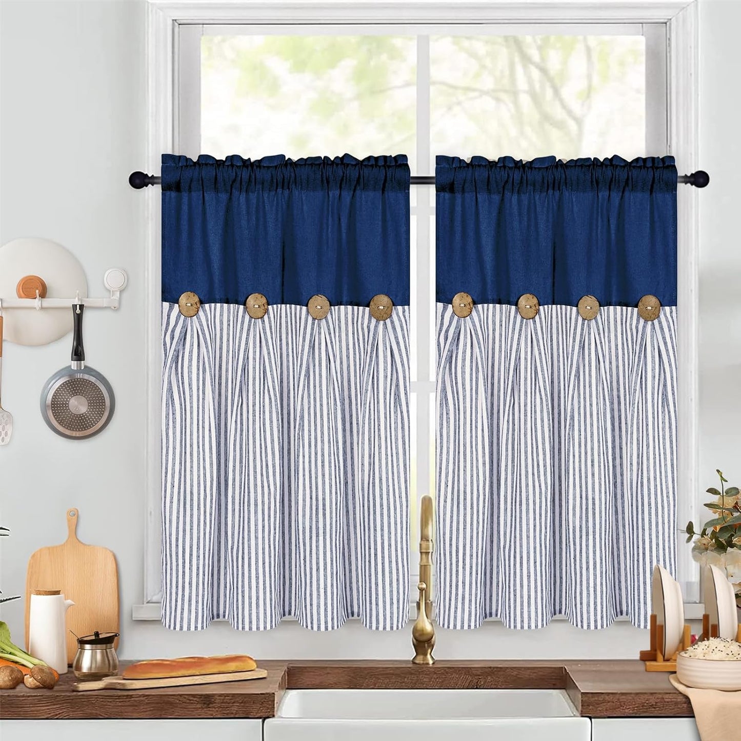 ASPMIZ Cotton Linen Window Treatment Tiers 24 Inch, Boho Rustic Button Kitchen Curtains Farmhouse Style, Grey Stripe Half Window Curtains, Country Short Rod Pocket Curtain for Small Window, 2 Panels