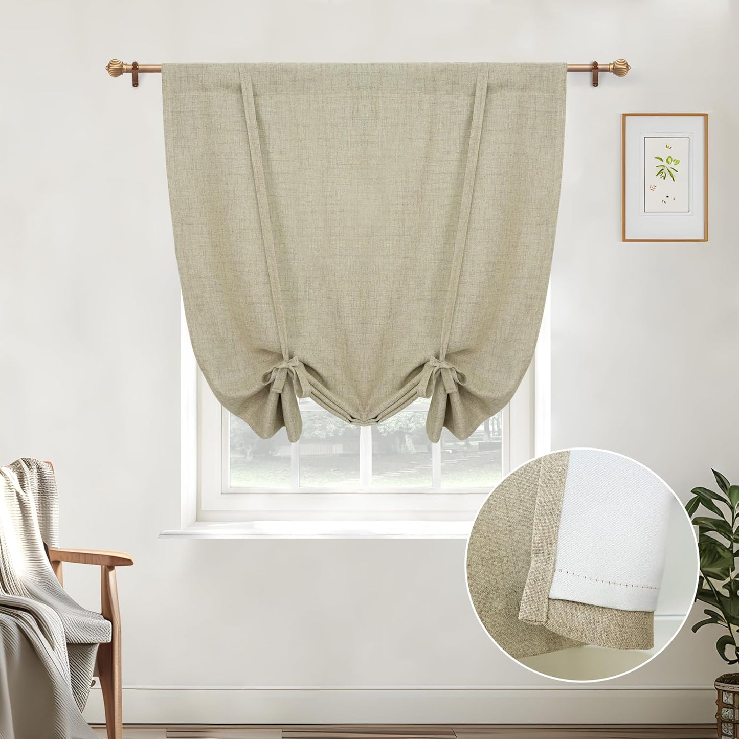 DriftAway Double Layer Linen Blackout Tie Up Curtains Thermal Insulated Fully Lined Balloon Roman Shade Bathroom Window Adjustable Rod Pocket for Small Window 31 Inch by 47 Inch Light Linen