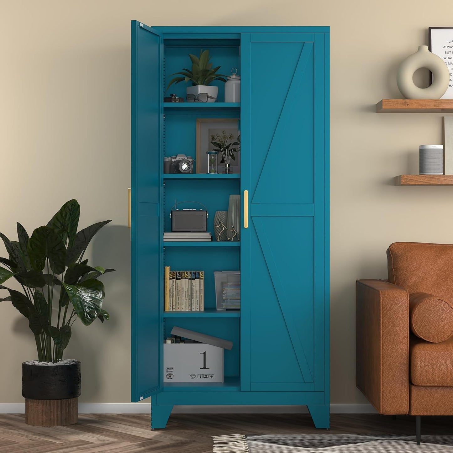 White Farmhouse Storage Kitchen Pantry Cabinet with 2 Barn Door, 3 Adjustable Shelves and Legs, for Cupboard/Dining Room/Bathroom/Living Room/Office/Laundry Room (White, 61" Farmhouse)