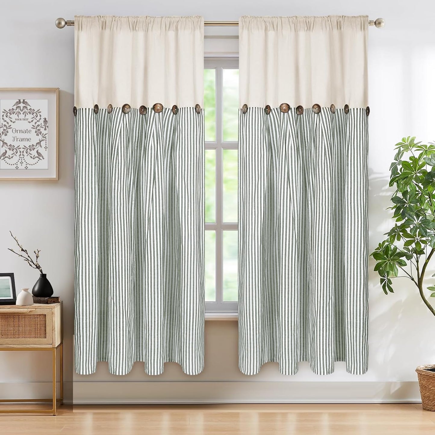 ASPMIZ Cotton Linen Window Treatment Tiers 24 Inch, Boho Rustic Button Kitchen Curtains Farmhouse Style, Grey Stripe Half Window Curtains, Country Short Rod Pocket Curtain for Small Window, 2 Panels