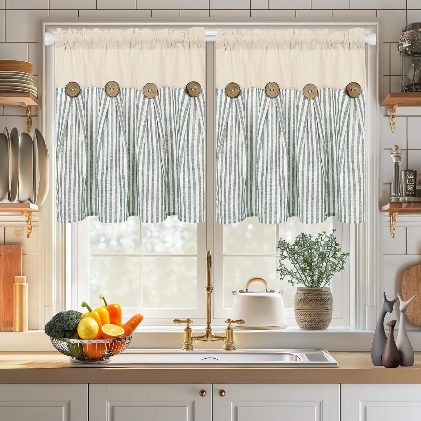ASPMIZ Cotton Linen Window Treatment Tiers 24 Inch, Boho Rustic Button Kitchen Curtains Farmhouse Style, Grey Stripe Half Window Curtains, Country Short Rod Pocket Curtain for Small Window, 2 Panels