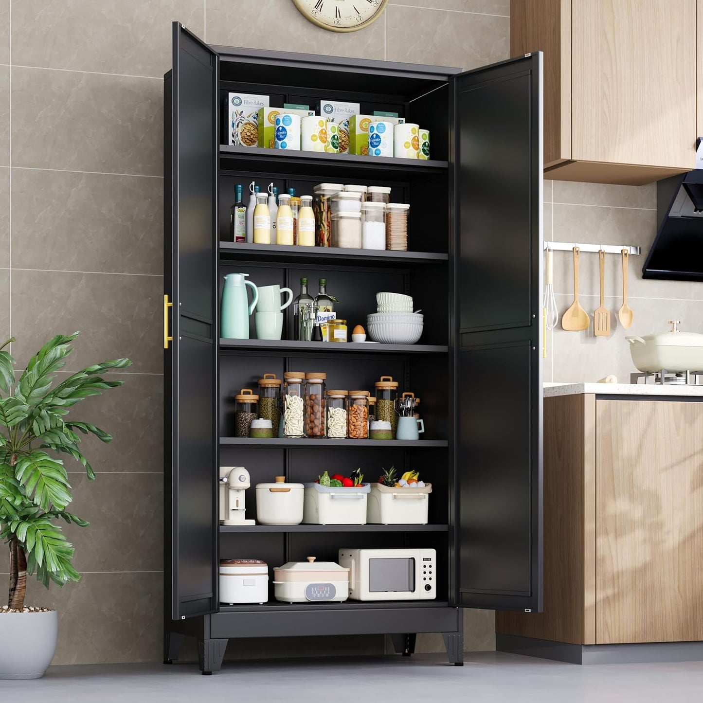 White Metal Kitchen Storage Cabinet, Kitchen Pantry Storage Cabinet with Doors and Shelves, Storage Cabinet with Adjustable Leveling Foot for Kitchen, Living Room and Dining Room. 61" H