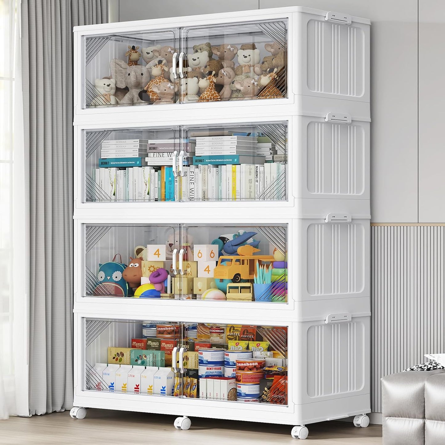 165Gal Plastic Stackable Storage Bins with Lid, 660QT Extra Large Closet Organizers Collapsible Cabinets Boxes With Drawers, Foldable Containers with 6x Wheels for Home Kitchen, V60 3Pack White