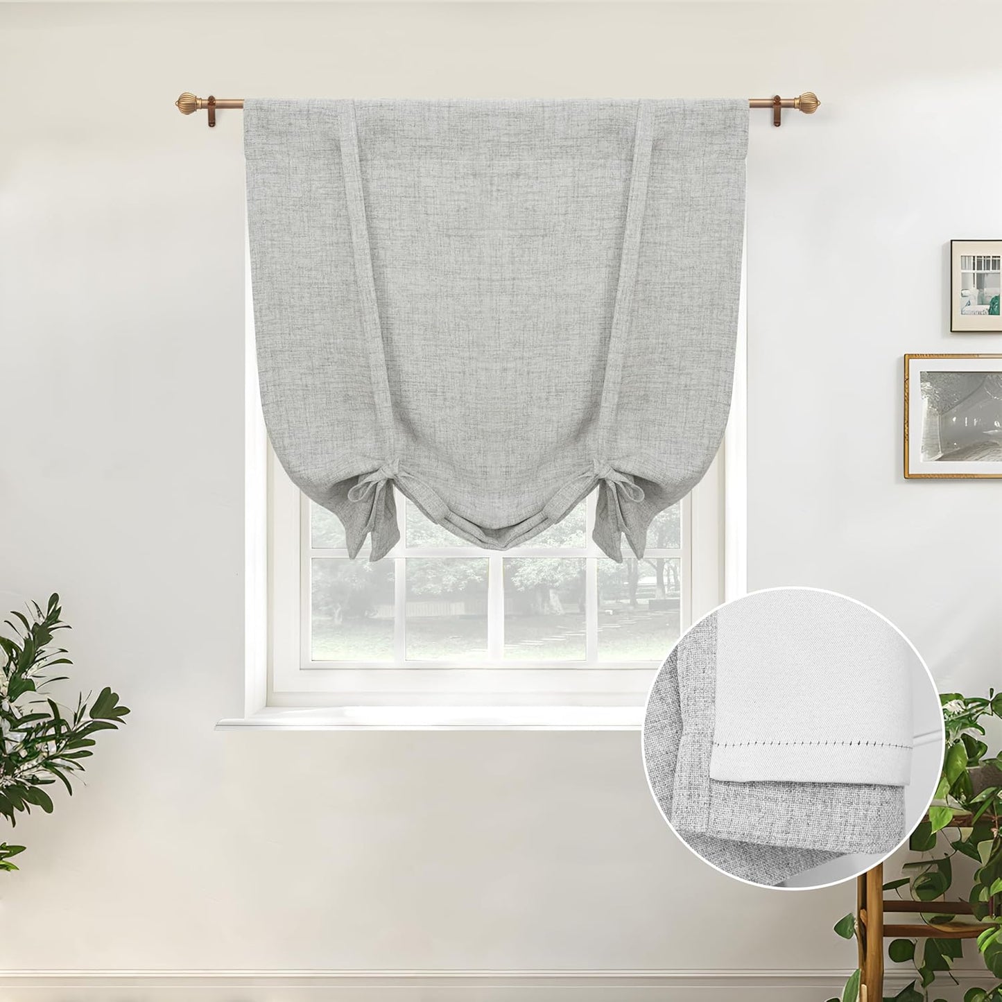 DriftAway Double Layer Linen Blackout Tie Up Curtains Thermal Insulated Fully Lined Balloon Roman Shade Bathroom Window Adjustable Rod Pocket for Small Window 31 Inch by 47 Inch Light Linen