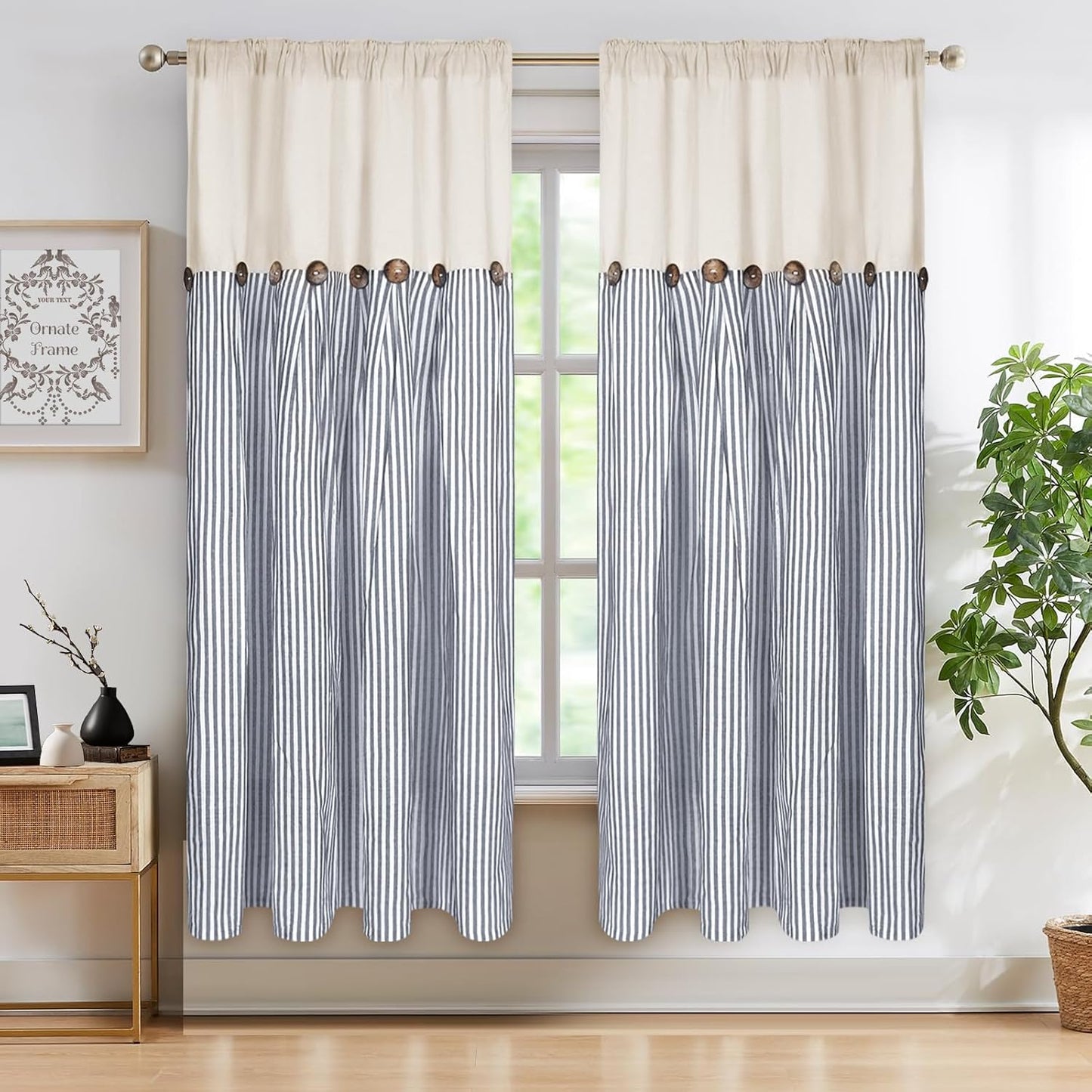 ASPMIZ Cotton Linen Window Treatment Tiers 24 Inch, Boho Rustic Button Kitchen Curtains Farmhouse Style, Grey Stripe Half Window Curtains, Country Short Rod Pocket Curtain for Small Window, 2 Panels