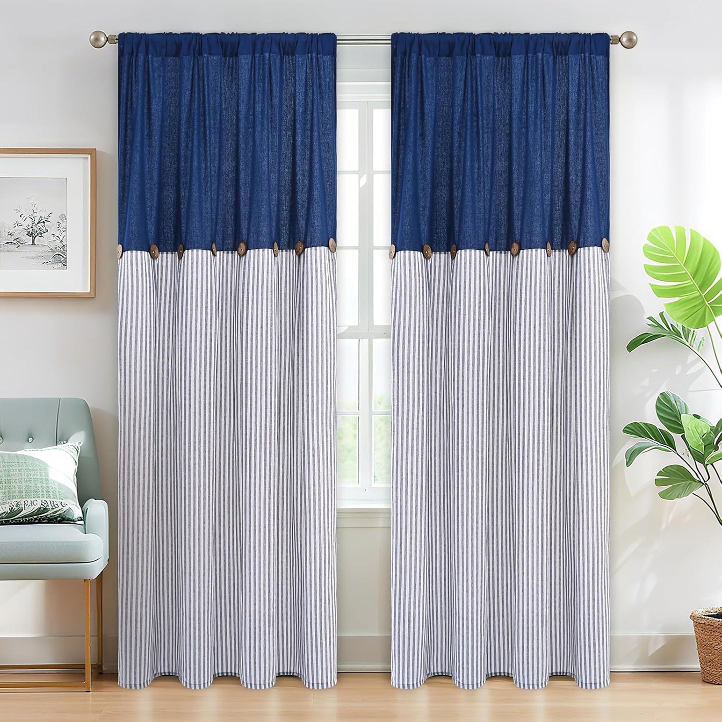 ASPMIZ Cotton Linen Window Treatment Tiers 24 Inch, Boho Rustic Button Kitchen Curtains Farmhouse Style, Grey Stripe Half Window Curtains, Country Short Rod Pocket Curtain for Small Window, 2 Panels