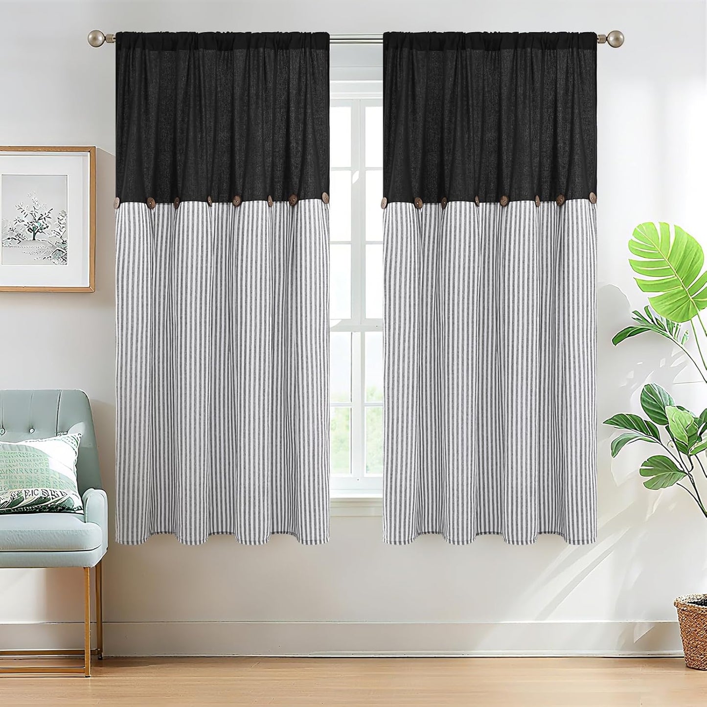 ASPMIZ Cotton Linen Window Treatment Tiers 24 Inch, Boho Rustic Button Kitchen Curtains Farmhouse Style, Grey Stripe Half Window Curtains, Country Short Rod Pocket Curtain for Small Window, 2 Panels