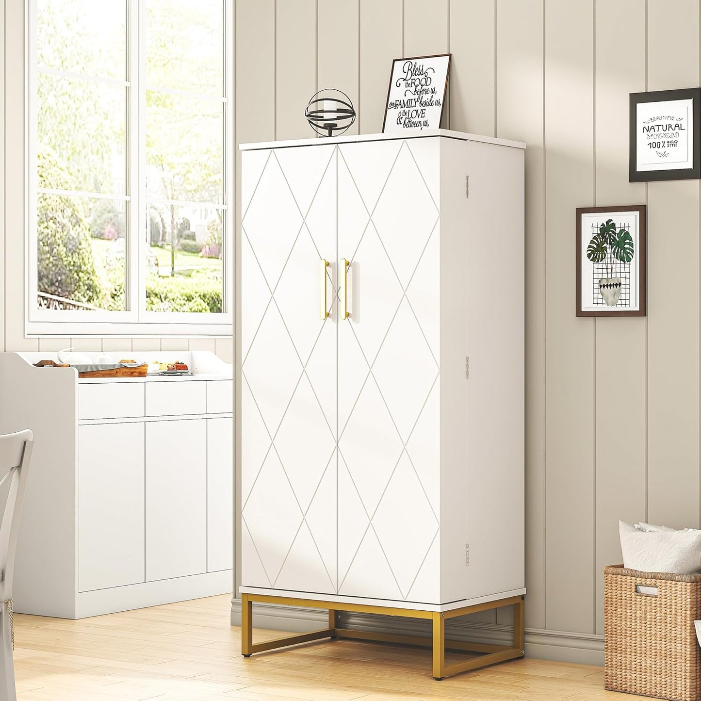 51” Pantry Cabinets, White Freestanding Kitchen Pantry Storage Cabinet with Adjustable Shelves, Buffet Cupboards Storage Cabinet for Home Office Use, White + Gold