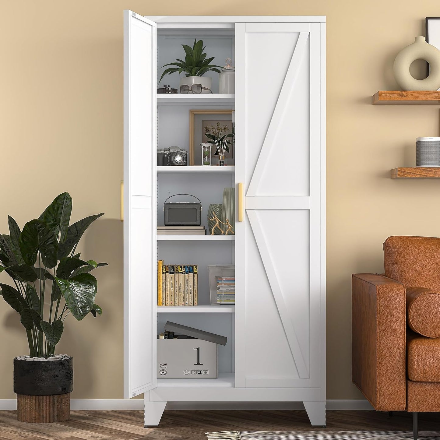 White Farmhouse Storage Kitchen Pantry Cabinet with 2 Barn Door, 3 Adjustable Shelves and Legs, for Cupboard/Dining Room/Bathroom/Living Room/Office/Laundry Room (White, 61" Farmhouse)