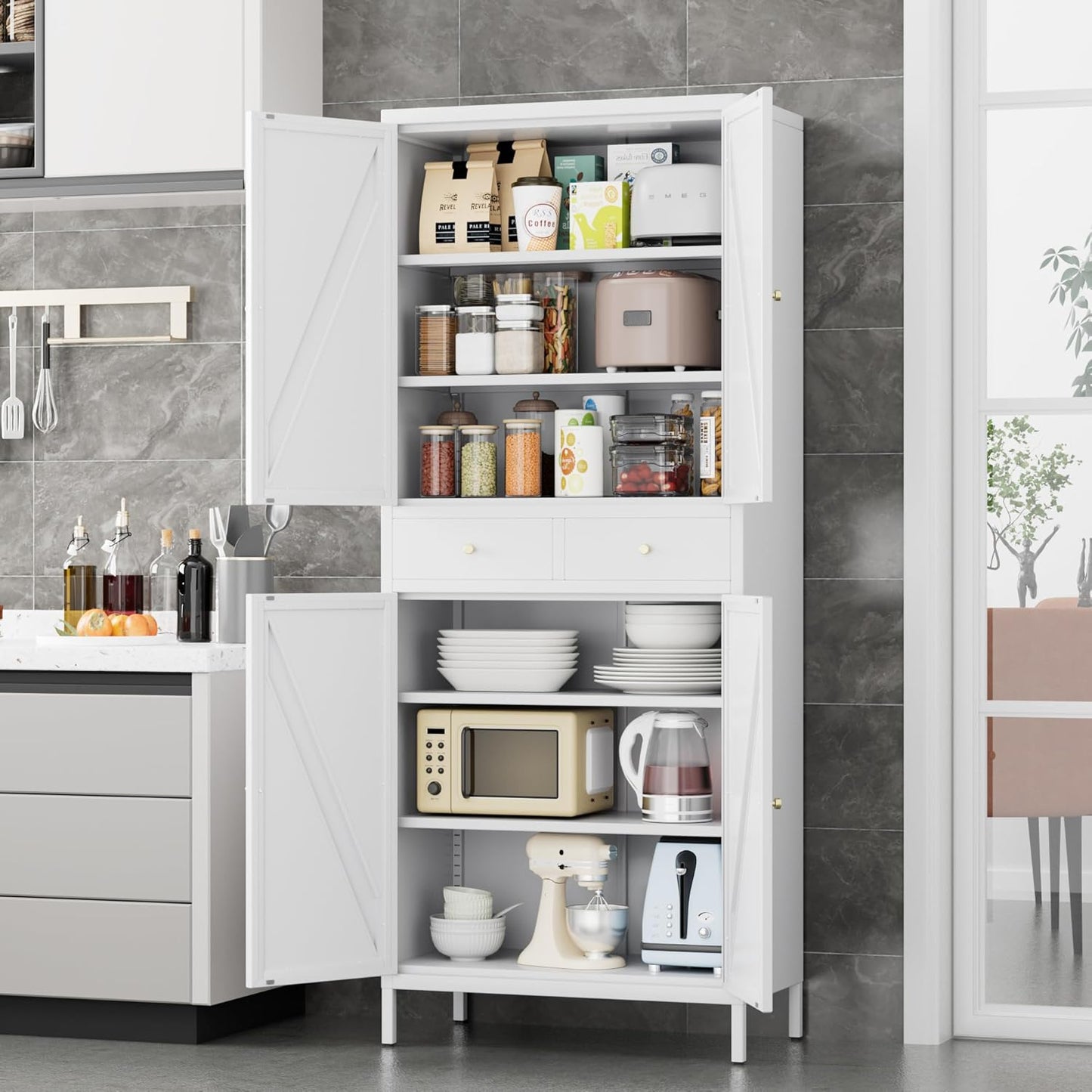Tall Kitchen Pantry Cabinet, Metal Display Storage Cabinets with 4 Doors/2 Drawers for Kitchen Home Office Living Room, Assembly Required