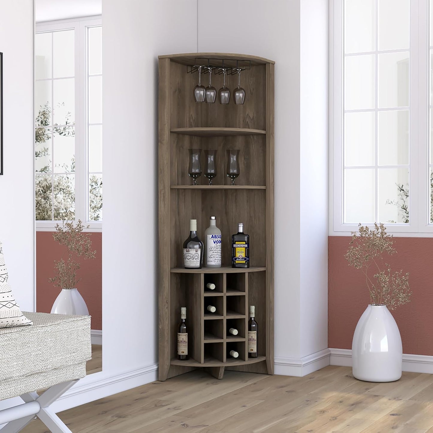 Penau Corner Bar Cabinet Three Shelves Eight Built-in Wine Rack Two Side Shelves Dark Brown 19.20 x 19.20 x 71.10 Inchs