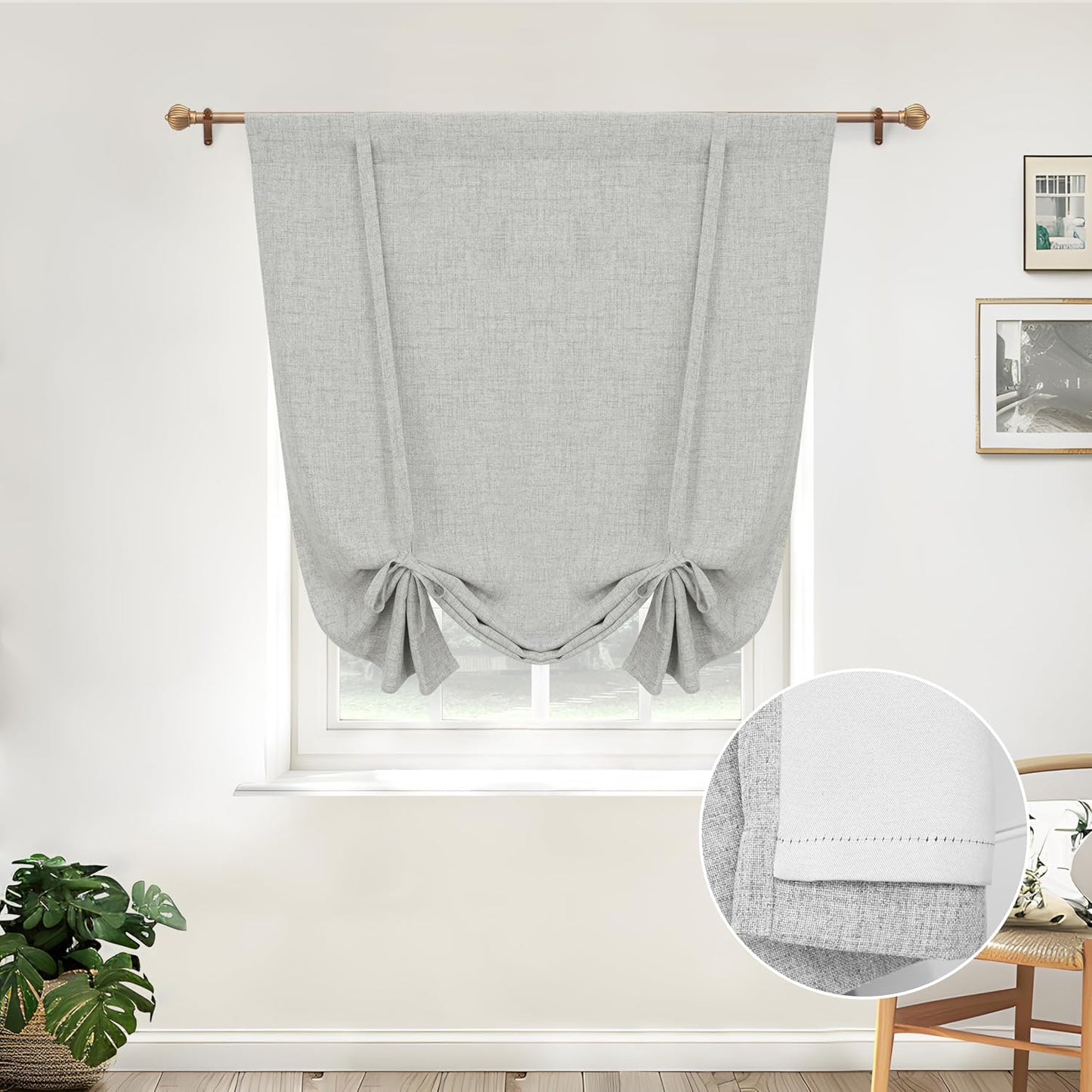 DriftAway Double Layer Linen Blackout Tie Up Curtains Thermal Insulated Fully Lined Balloon Roman Shade Bathroom Window Adjustable Rod Pocket for Small Window 31 Inch by 47 Inch Light Linen