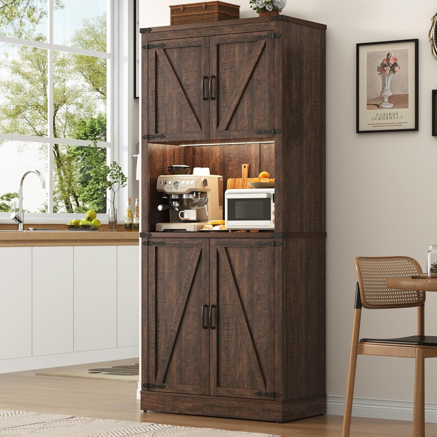 72" Tall Farmhouse Kitchen Pantry Cabinet with LED Light and Power Outlet,Modern Farmhouse Kitchen Storage Cabinet w Load-Bearing Steel Pipe,Barn Doors, Organizer,Food Pantry Cabinets(Rustic Brown)