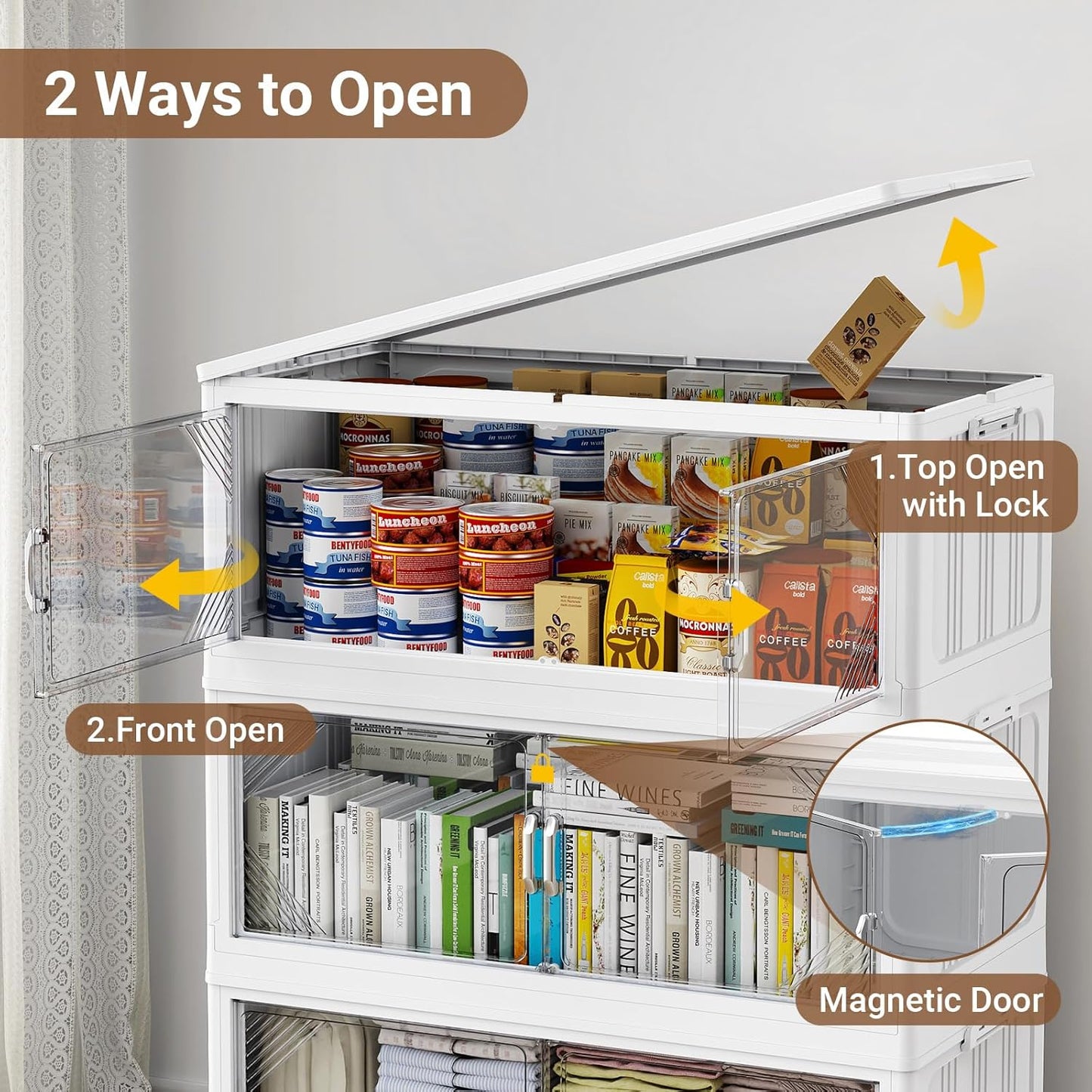 165Gal Plastic Stackable Storage Bins with Lid, 660QT Extra Large Closet Organizers Collapsible Cabinets Boxes With Drawers, Foldable Containers with 6x Wheels for Home Kitchen, V60 3Pack White
