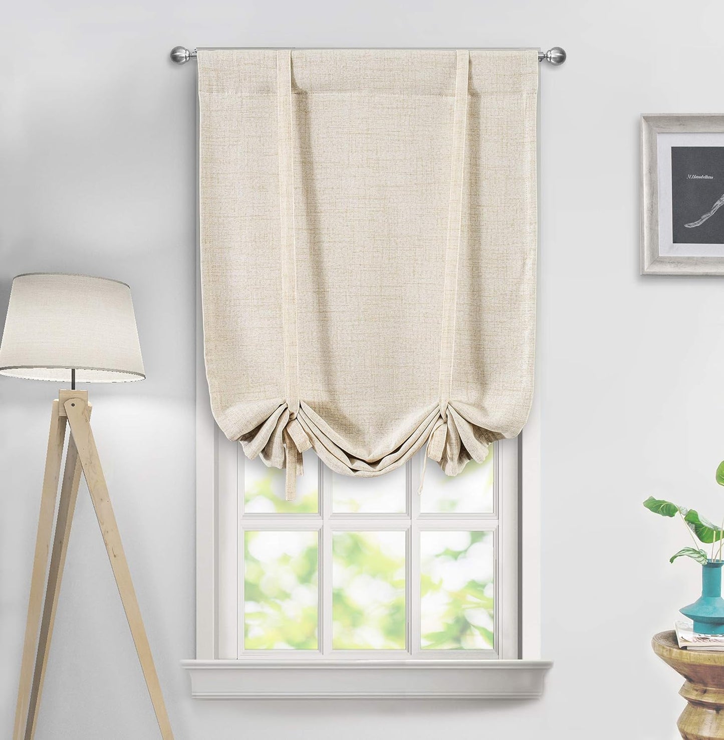 DriftAway Double Layer Linen Blackout Tie Up Curtains Thermal Insulated Fully Lined Balloon Roman Shade Bathroom Window Adjustable Rod Pocket for Small Window 31 Inch by 47 Inch Light Linen