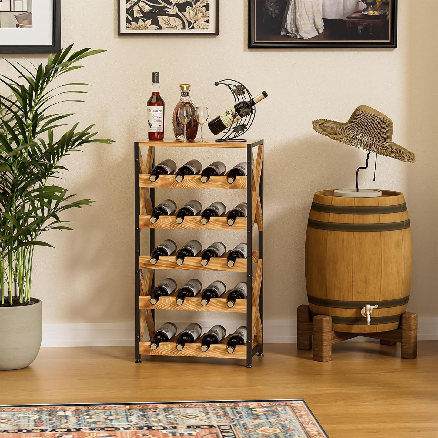 20 Bottle Wine Rack Freestanding Floor with Wood Top,Wobble-Free 5 Tier Wine Display Storage Stand Shelf,Stackable Modular Wine Bottle Holder Rack for Kitchen,Cellar,Living Room