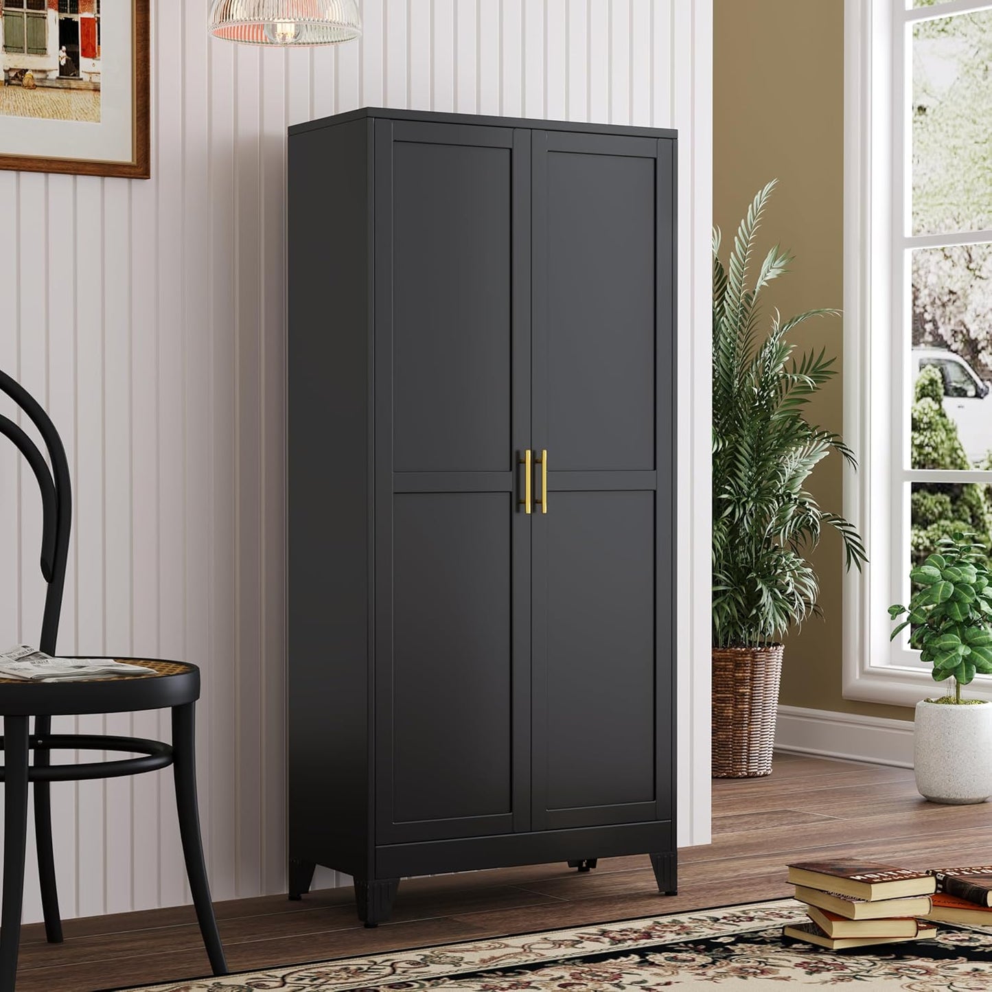 White Metal Kitchen Storage Cabinet, Kitchen Pantry Storage Cabinet with Doors and Shelves, Storage Cabinet with Adjustable Leveling Foot for Kitchen, Living Room and Dining Room. 61" H