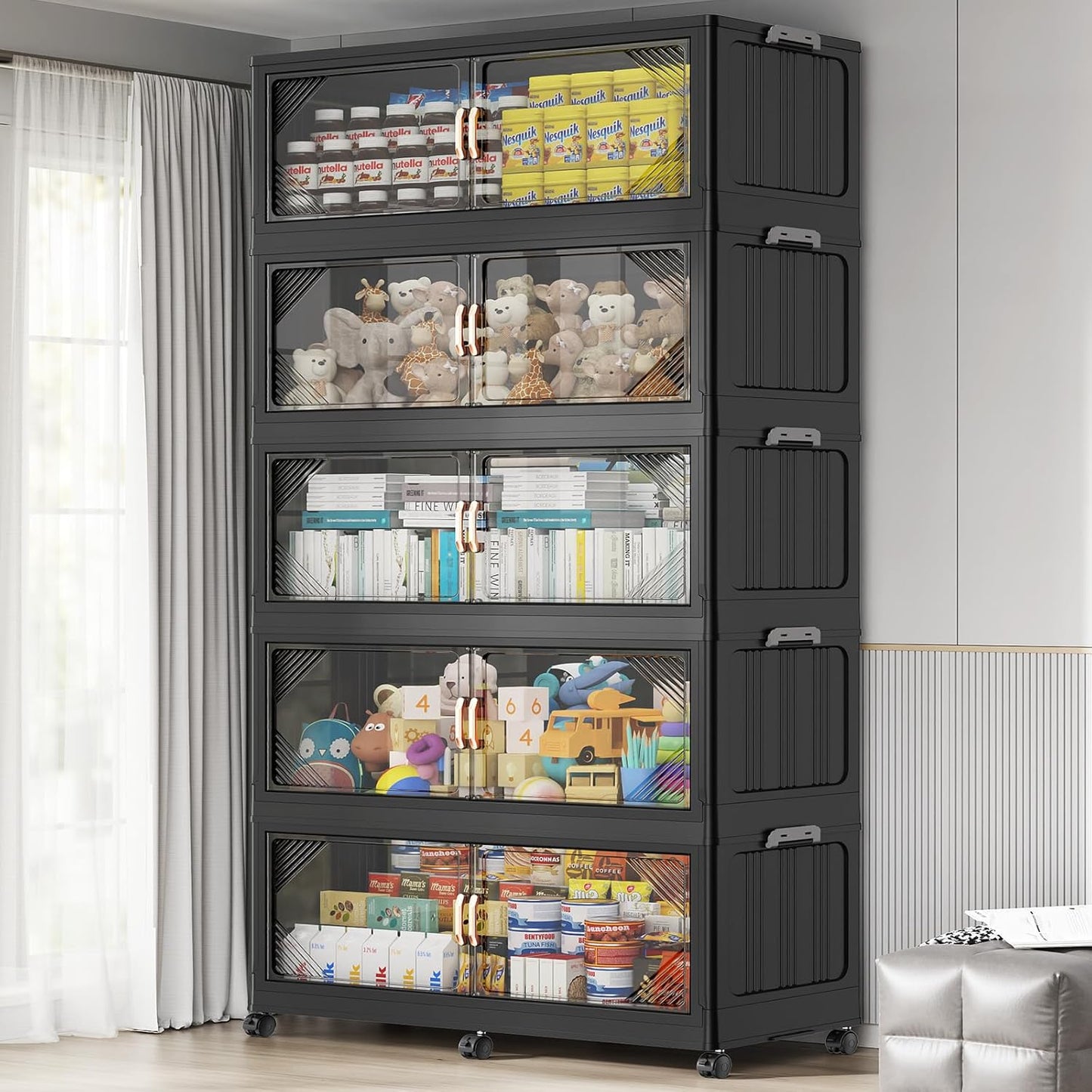 165Gal Plastic Stackable Storage Bins with Lid, 660QT Extra Large Closet Organizers Collapsible Cabinets Boxes With Drawers, Foldable Containers with 6x Wheels for Home Kitchen, V60 3Pack White