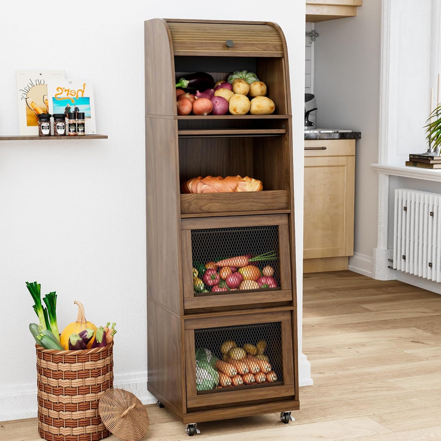 Potato Storage Bins, Farmhouse Wood Potato and Onion Storage Bins, Fruit and Vegetable Box, Food Small Kitchen Pantry Cabinet for Snack, Boho Large Wooden Bread Box, Magnetic Flip-top, 3 Tier