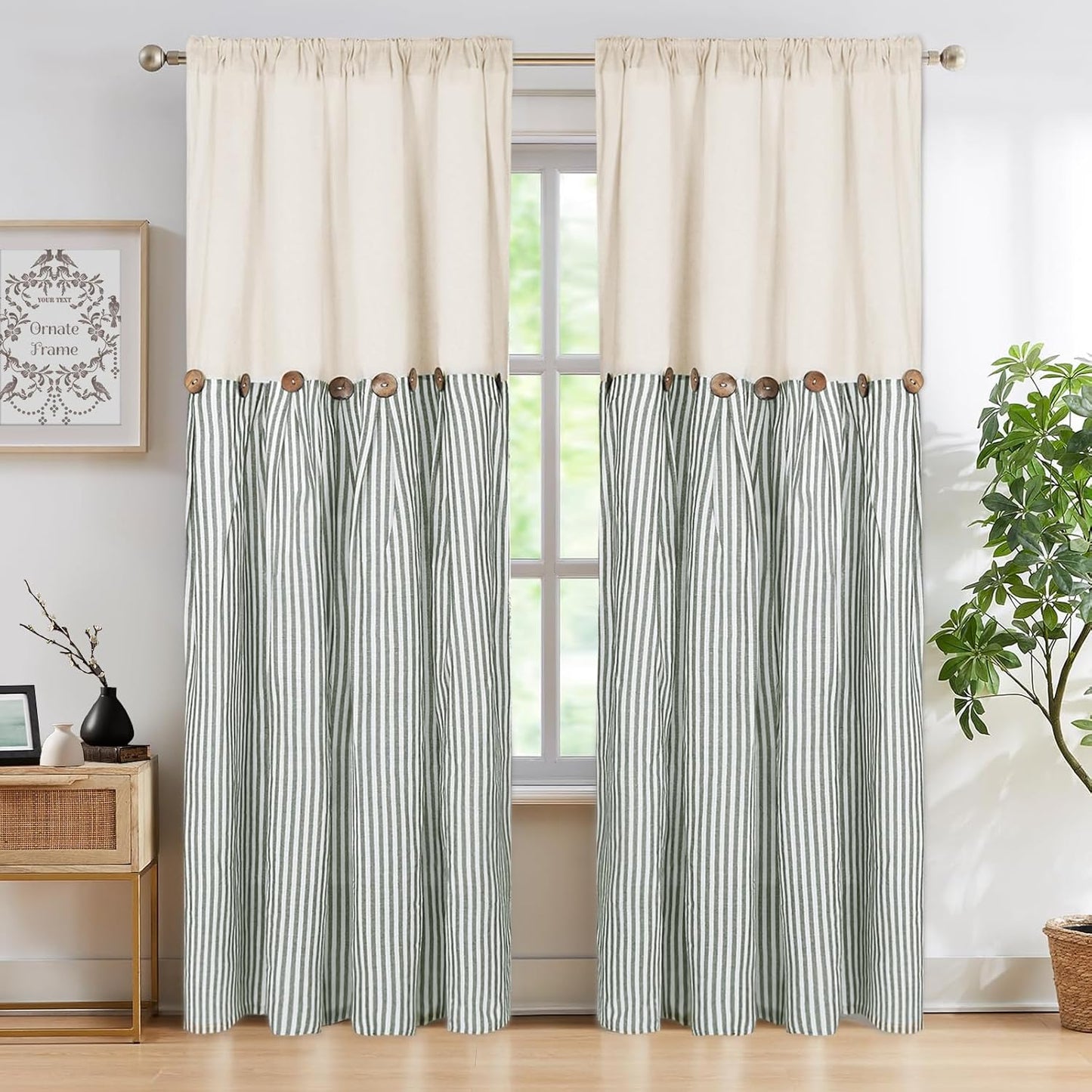 ASPMIZ Cotton Linen Window Treatment Tiers 24 Inch, Boho Rustic Button Kitchen Curtains Farmhouse Style, Grey Stripe Half Window Curtains, Country Short Rod Pocket Curtain for Small Window, 2 Panels
