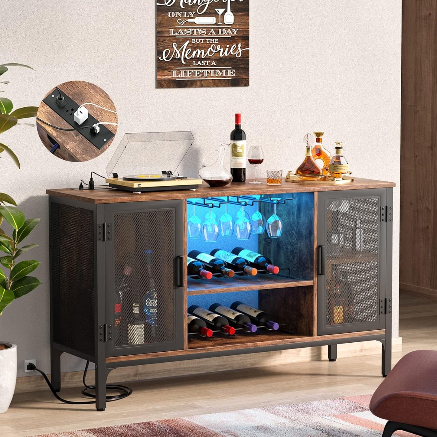 Homieasy Wine Bar Cabinet with Power Outlets & LED Lights, Industrial Liquor Cabinet with Adjustable Wine Racks, Coffee Station Cabinets with Storage for Kitchen/Home, Rustic Brown