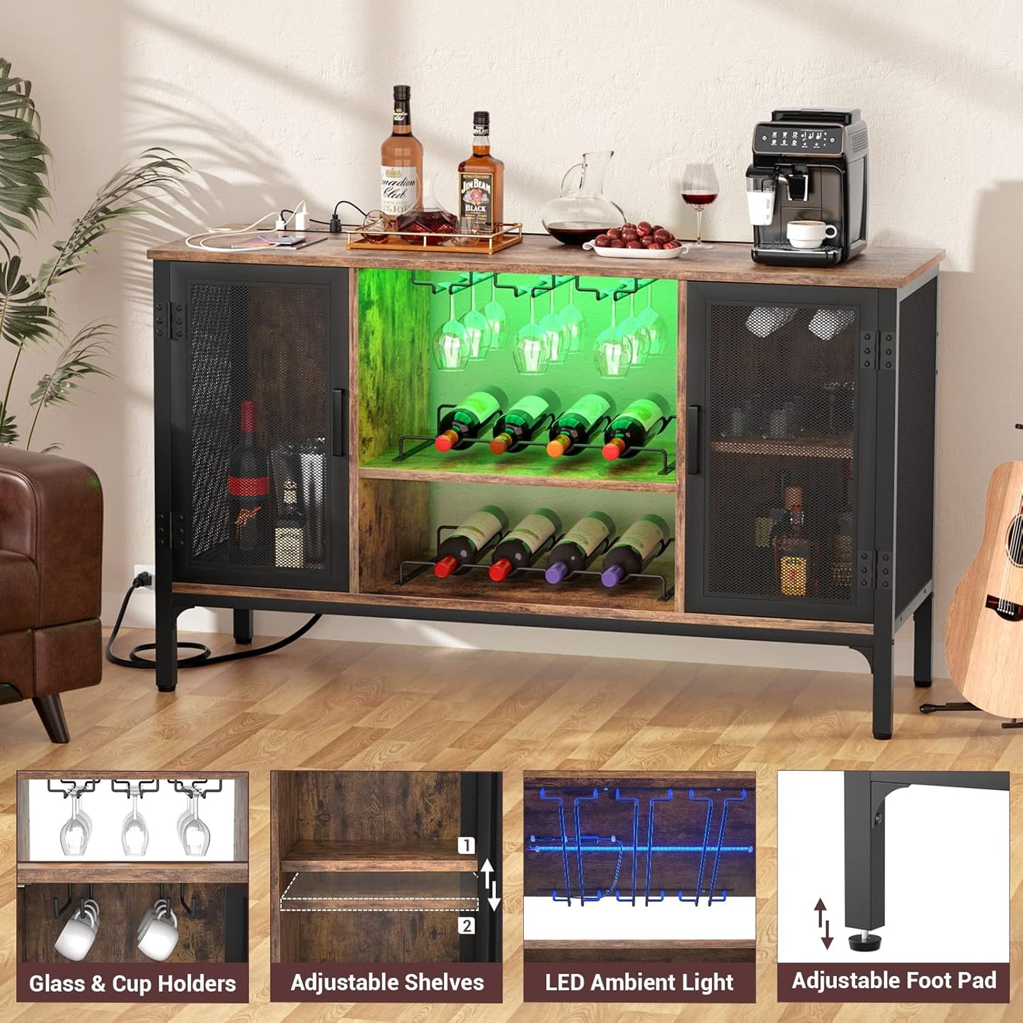 Homieasy Wine Bar Cabinet with Power Outlets & LED Lights, Industrial Liquor Cabinet with Adjustable Wine Racks, Coffee Station Cabinets with Storage for Kitchen/Home, Rustic Brown