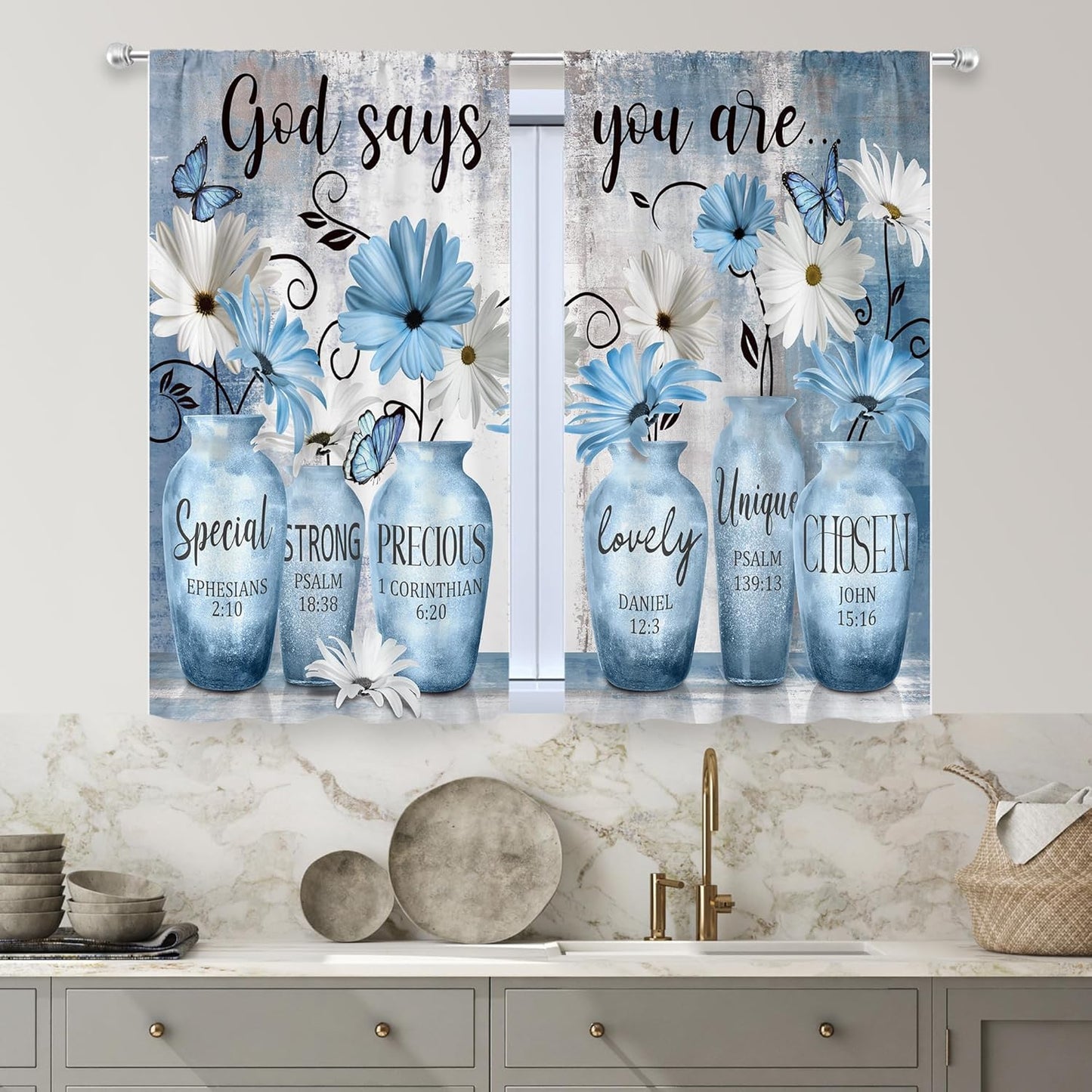 MESHELLY Farmhouse Teal Kitchen Curtains 27.5Wx39H Inch Rod Pocket Blue Flower Watercolor Eucalyptus Leaves Bedroom Window Drapes Inspirational Quote Printed Window Treatment Fabric 2 Panels