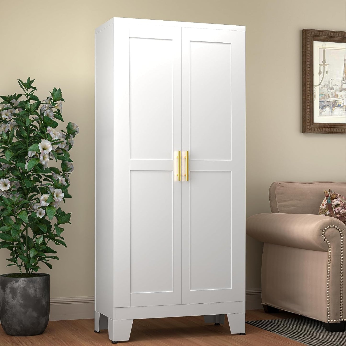 51" Metal Kitchen Pantry Cabinet, Storage Cabinets with 2 Door and 3 Adjustable Shelves, White Freestanding Food Storage Cabinet, Steel Cupboard for Kitchen Dinning Room