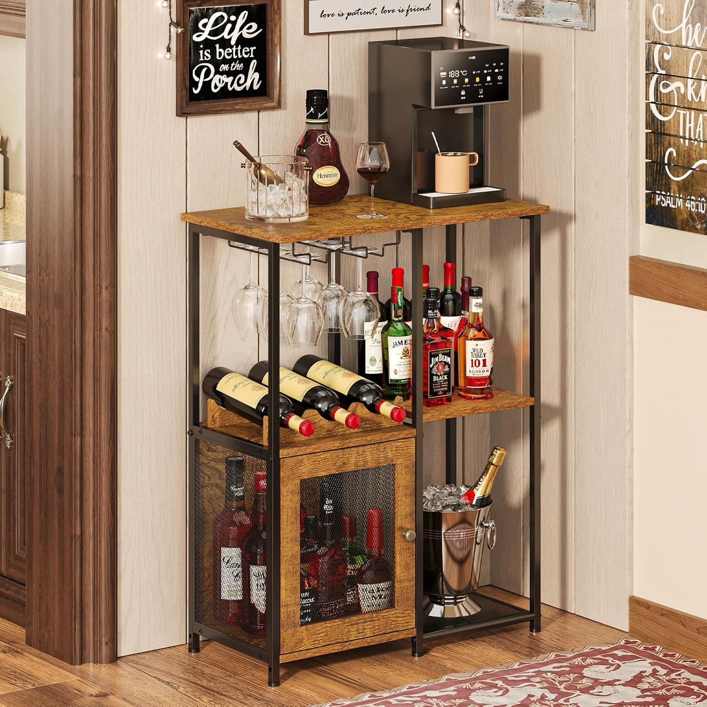 X-cosrack Wine Bar Rack Cabinet with Detachable Wine Rack, Coffee Bar Cabinet with Glass Holder, Small Sideboard and Buffet Cabinet with Mesh Door, Rustic Brown, Large