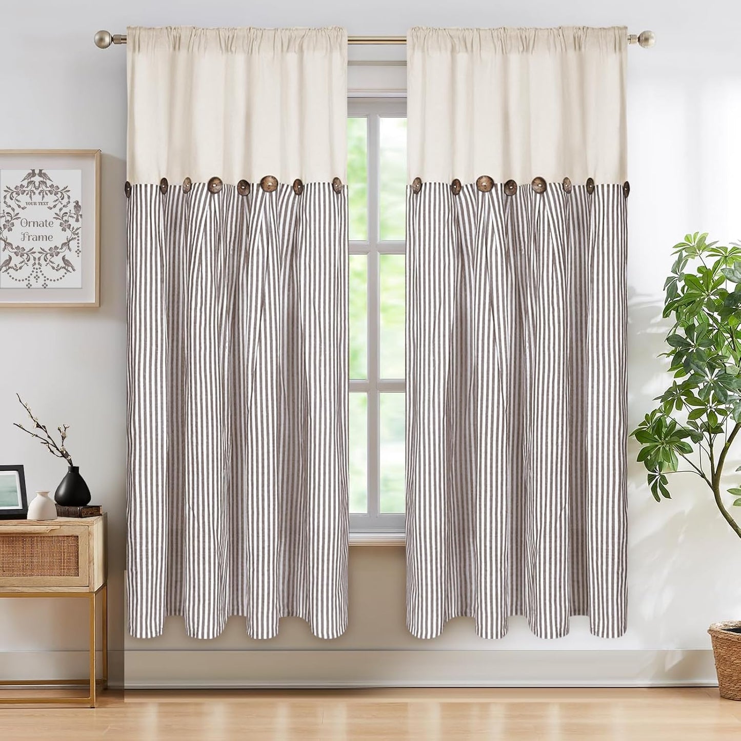 ASPMIZ Cotton Linen Window Treatment Tiers 24 Inch, Boho Rustic Button Kitchen Curtains Farmhouse Style, Grey Stripe Half Window Curtains, Country Short Rod Pocket Curtain for Small Window, 2 Panels