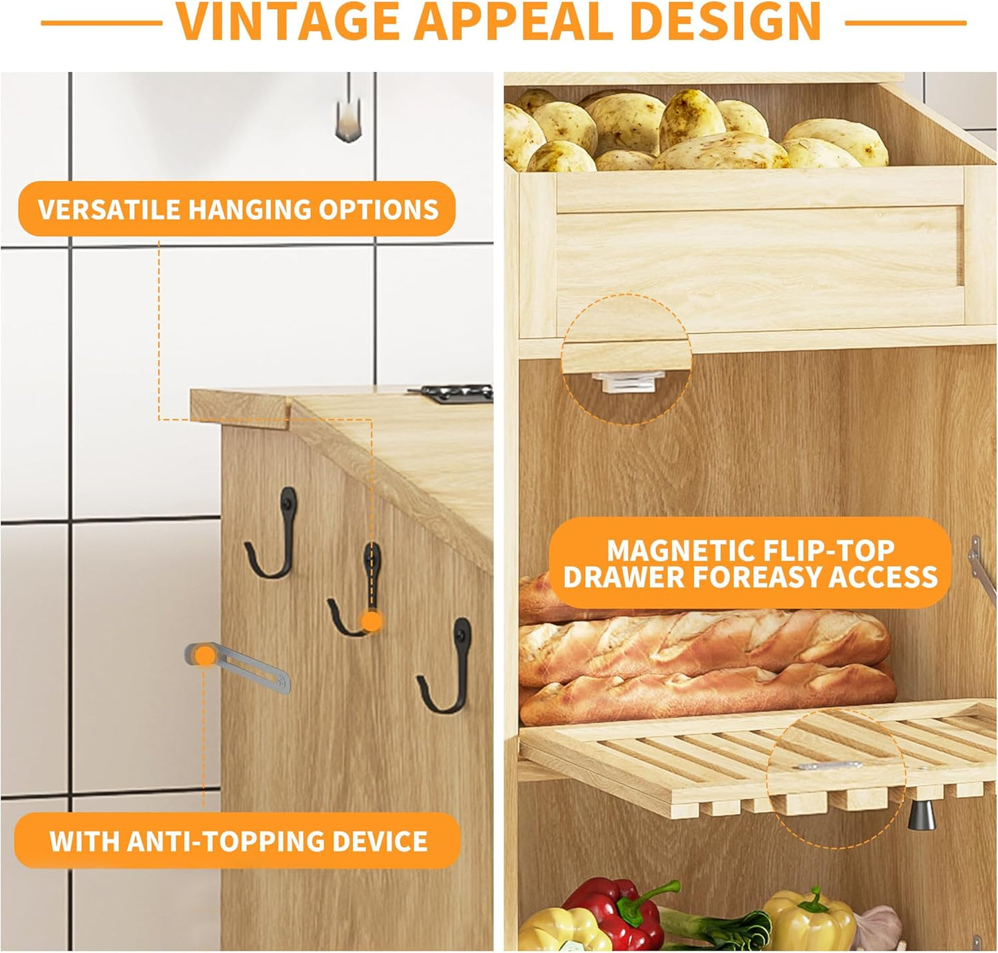 Potato Storage Bins, Farmhouse Wood Potato and Onion Storage Bins, Fruit and Vegetable Box, Food Small Kitchen Pantry Cabinet for Snack, Boho Large Wooden Bread Box, Magnetic Flip-top, 3 Tier