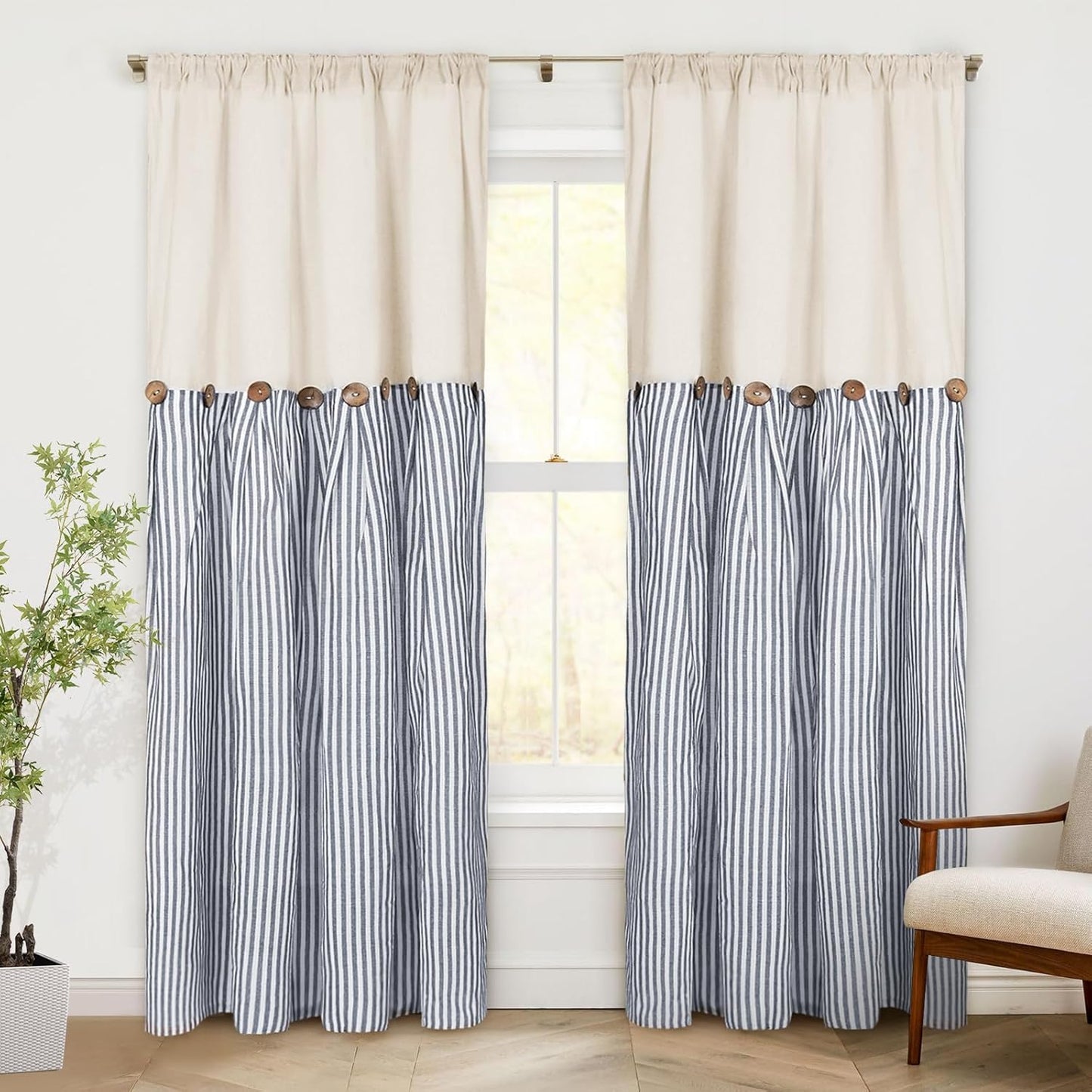 ASPMIZ Cotton Linen Window Treatment Tiers 24 Inch, Boho Rustic Button Kitchen Curtains Farmhouse Style, Grey Stripe Half Window Curtains, Country Short Rod Pocket Curtain for Small Window, 2 Panels