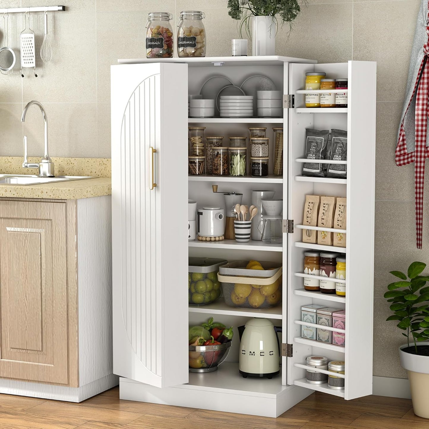 Kitchen Pantry Cabinet, Pantry Storage Cabinet with Adjustable Shelves and Drawer, Sideboard Buffet Cupboards Storage Shelf for Home Office Use (White, 16" D x 24" W x 47" H)