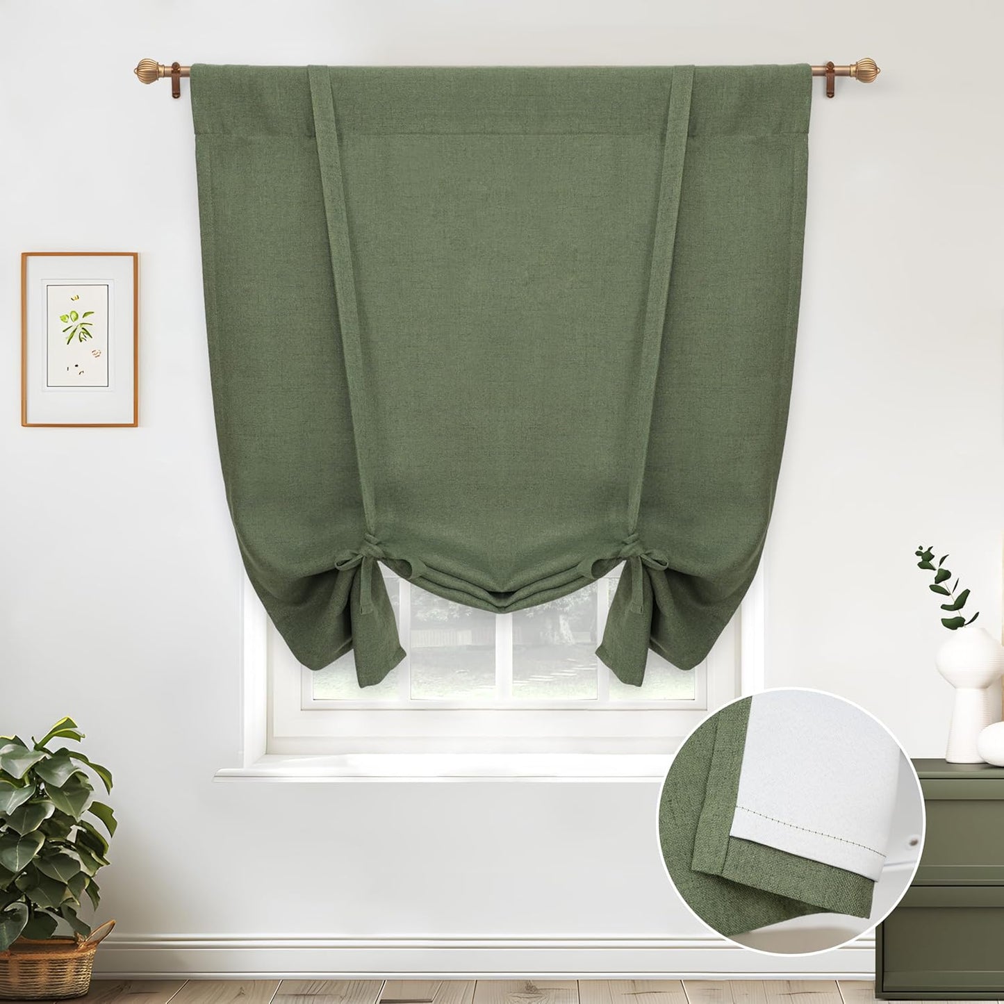 DriftAway Double Layer Linen Blackout Tie Up Curtains Thermal Insulated Fully Lined Balloon Roman Shade Bathroom Window Adjustable Rod Pocket for Small Window 31 Inch by 47 Inch Light Linen