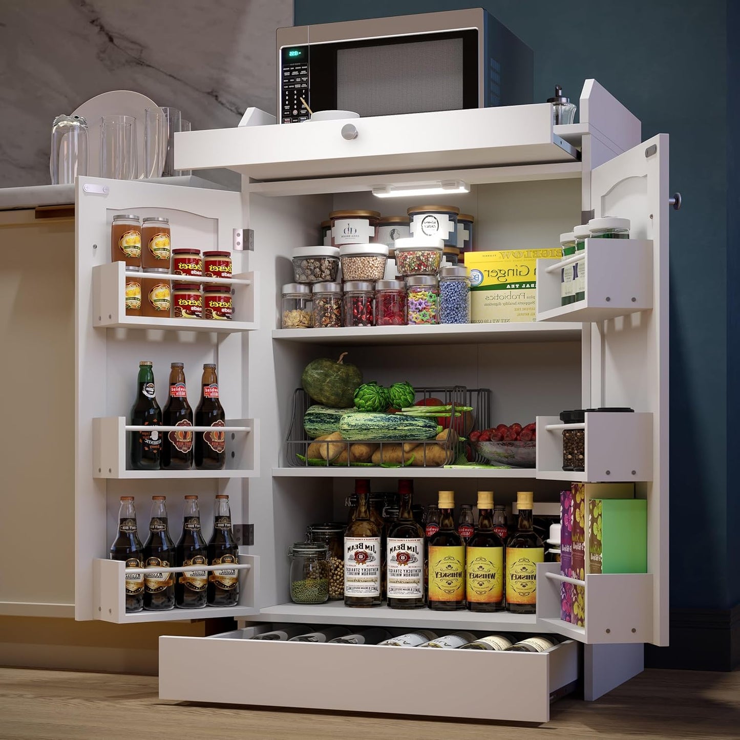 50" LED Kitchen Pantry Storage Cabinets - Standing Food Cabinets Cupboards with 2 Doors with Racks and Shelves Adjustable for Small Space in Dinning Room, Living Room, in White