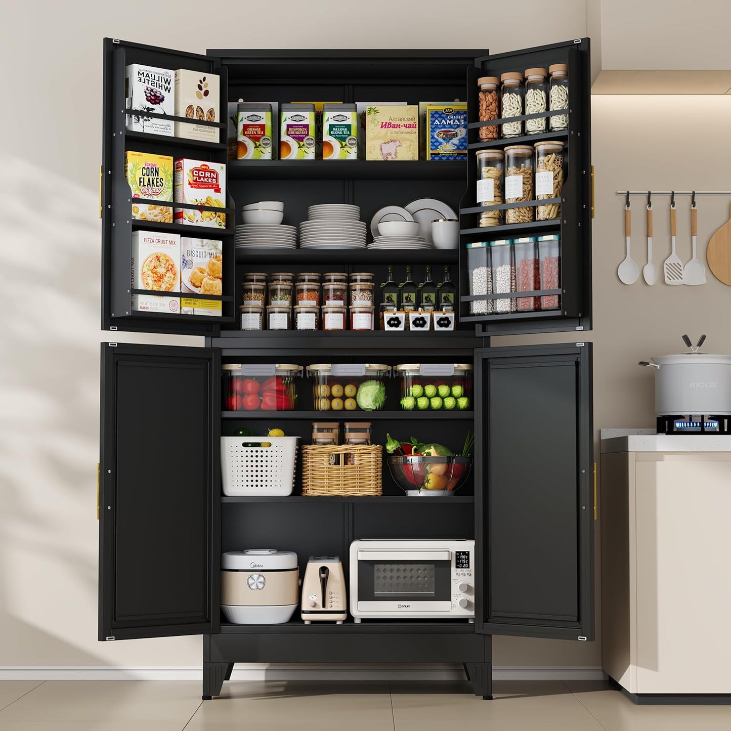 White Metal Kitchen Storage Cabinet, Kitchen Pantry Storage Cabinet with Doors and Shelves, Storage Cabinet with Adjustable Leveling Foot for Kitchen, Living Room and Dining Room. 61" H