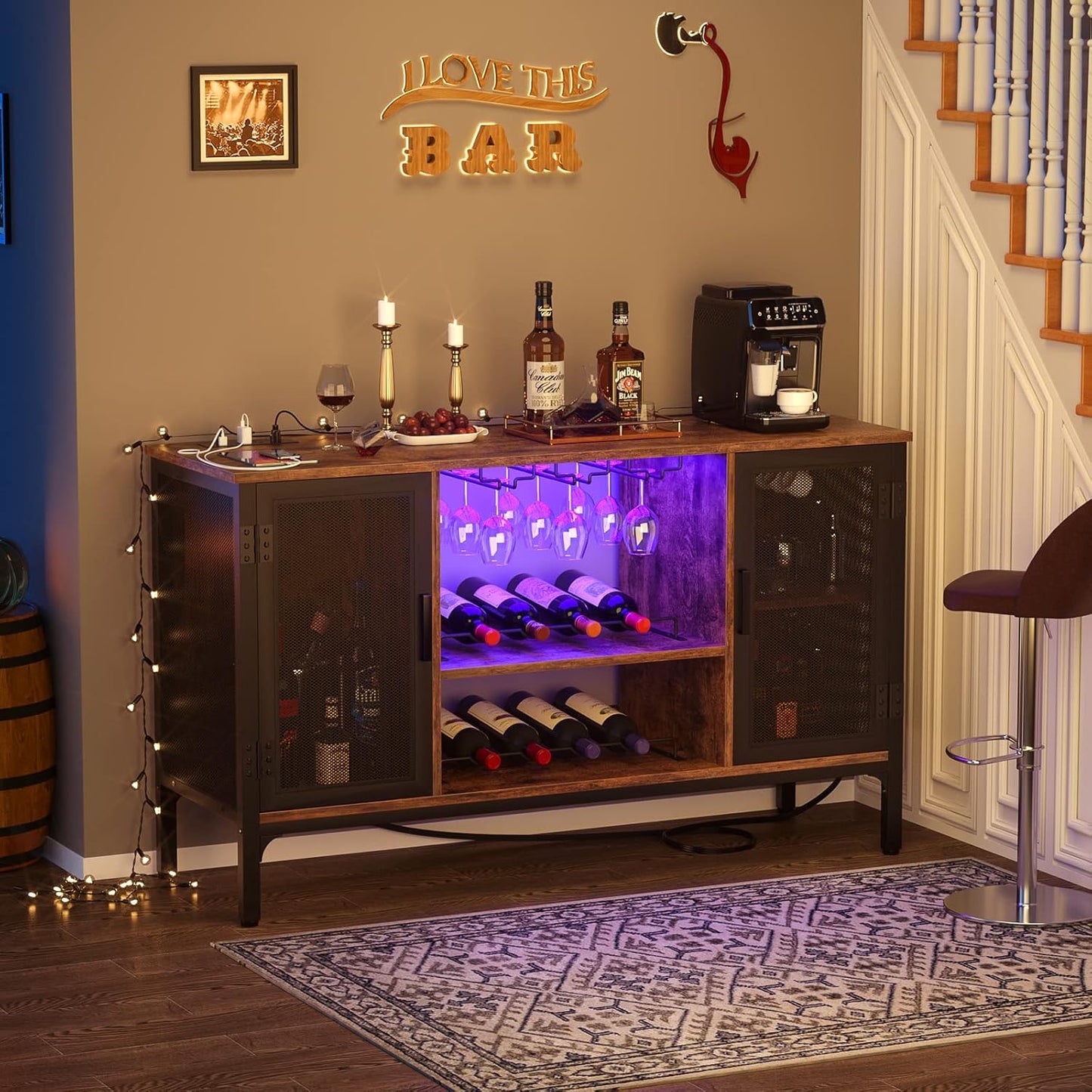 Homieasy Wine Bar Cabinet with Power Outlets & LED Lights, Industrial Liquor Cabinet with Adjustable Wine Racks, Coffee Station Cabinets with Storage for Kitchen/Home, Rustic Brown