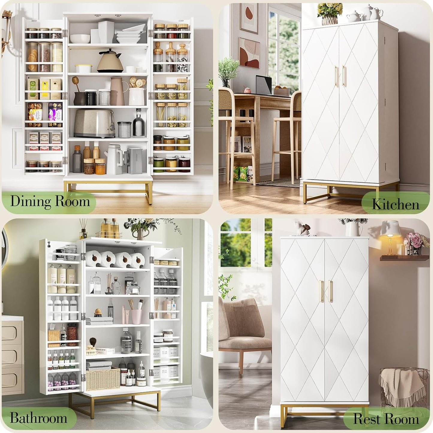 51” Pantry Cabinets, White Freestanding Kitchen Pantry Storage Cabinet with Adjustable Shelves, Buffet Cupboards Storage Cabinet for Home Office Use, White + Gold