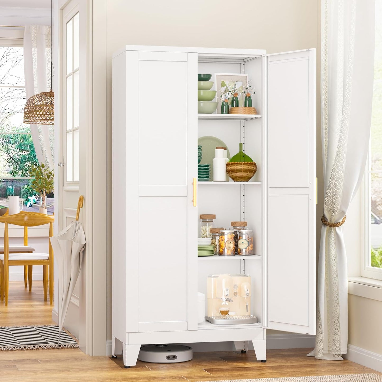 51" Metal Kitchen Pantry Cabinet, Storage Cabinets with 2 Door and 3 Adjustable Shelves, White Freestanding Food Storage Cabinet, Steel Cupboard for Kitchen Dinning Room
