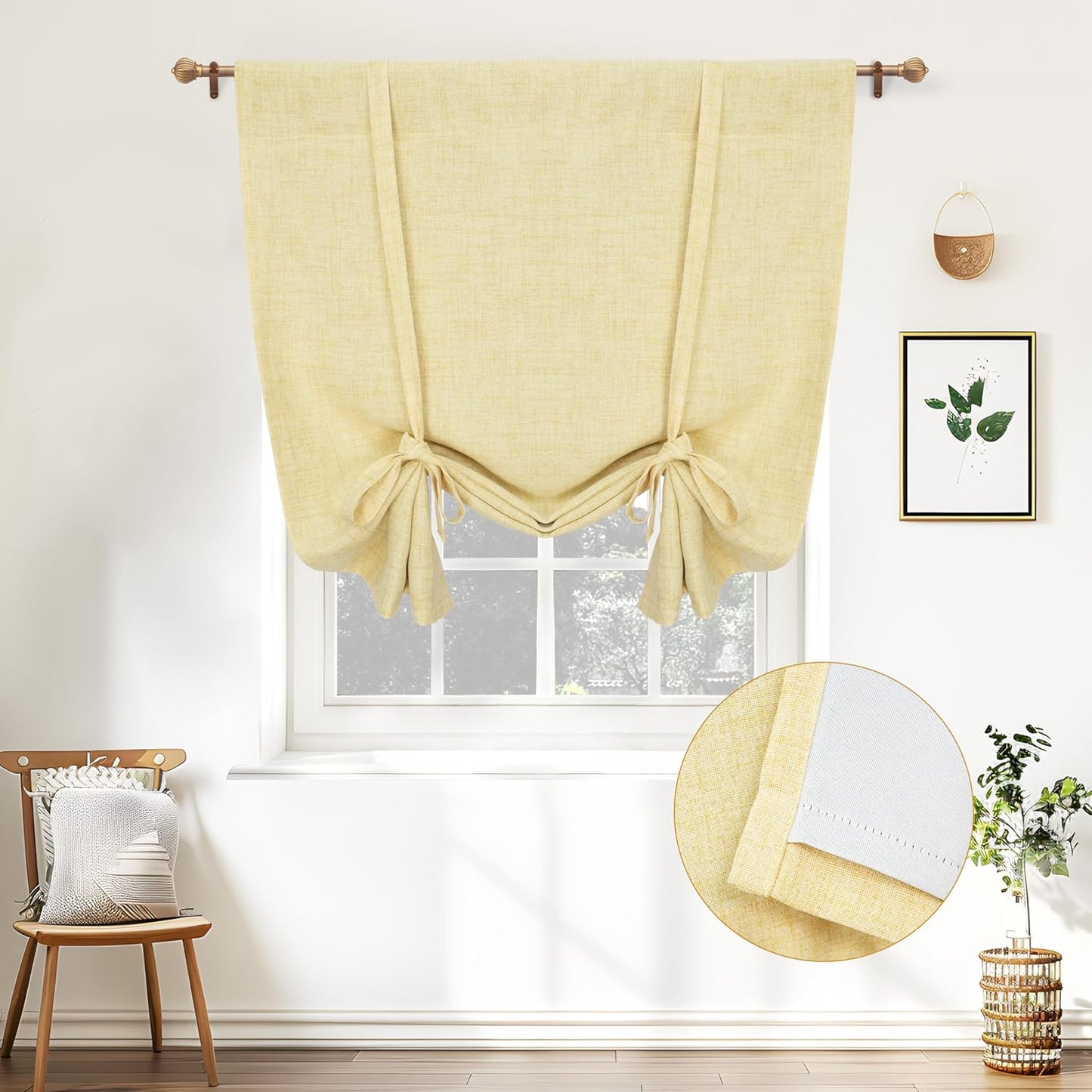 DriftAway Double Layer Linen Blackout Tie Up Curtains Thermal Insulated Fully Lined Balloon Roman Shade Bathroom Window Adjustable Rod Pocket for Small Window 31 Inch by 47 Inch Light Linen