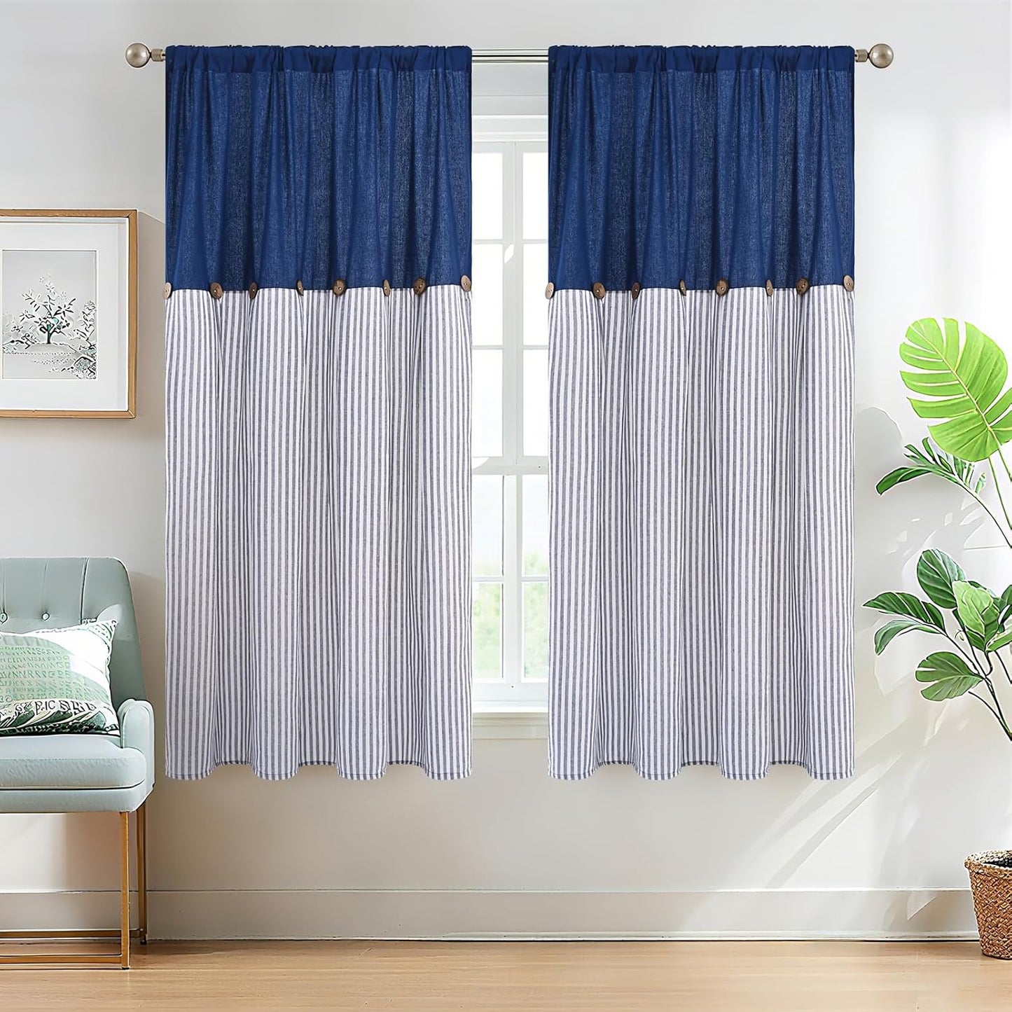 ASPMIZ Cotton Linen Window Treatment Tiers 24 Inch, Boho Rustic Button Kitchen Curtains Farmhouse Style, Grey Stripe Half Window Curtains, Country Short Rod Pocket Curtain for Small Window, 2 Panels