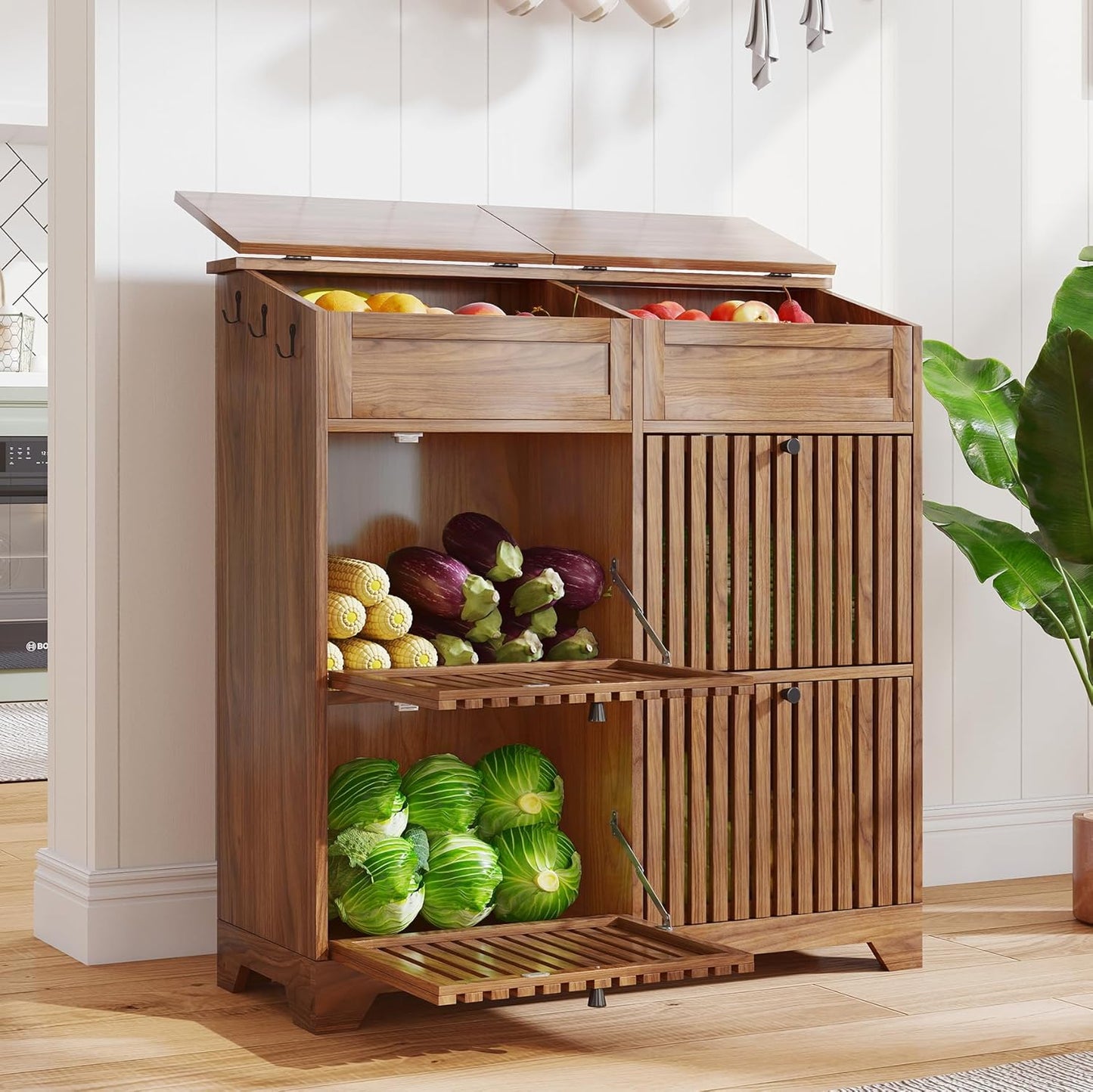 Potato Storage Bins, Farmhouse Wood Potato and Onion Storage Bins, Fruit and Vegetable Box, Food Small Kitchen Pantry Cabinet for Snack, Boho Large Wooden Bread Box, Magnetic Flip-top, 3 Tier