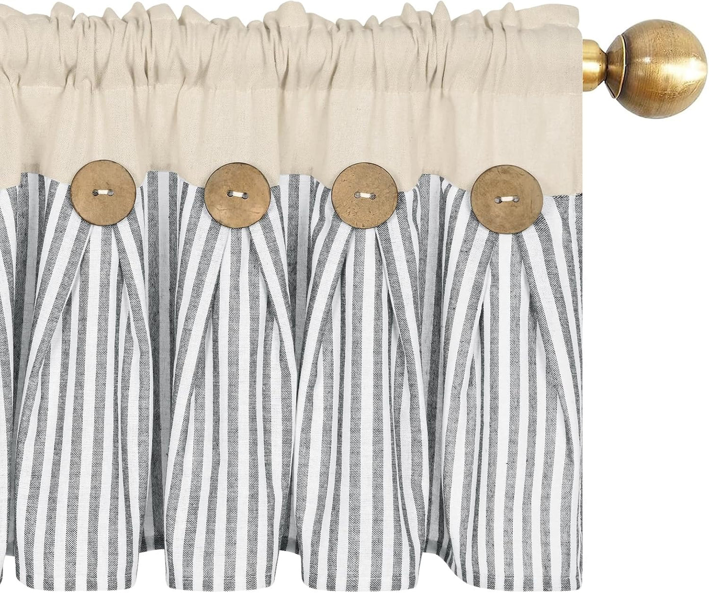 ASPMIZ Cotton Linen Window Treatment Tiers 24 Inch, Boho Rustic Button Kitchen Curtains Farmhouse Style, Grey Stripe Half Window Curtains, Country Short Rod Pocket Curtain for Small Window, 2 Panels