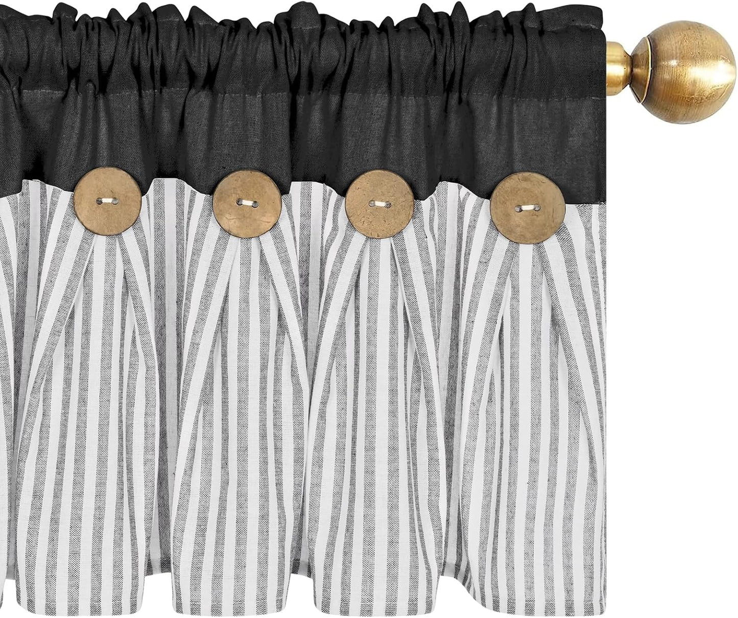 ASPMIZ Cotton Linen Window Treatment Tiers 24 Inch, Boho Rustic Button Kitchen Curtains Farmhouse Style, Grey Stripe Half Window Curtains, Country Short Rod Pocket Curtain for Small Window, 2 Panels