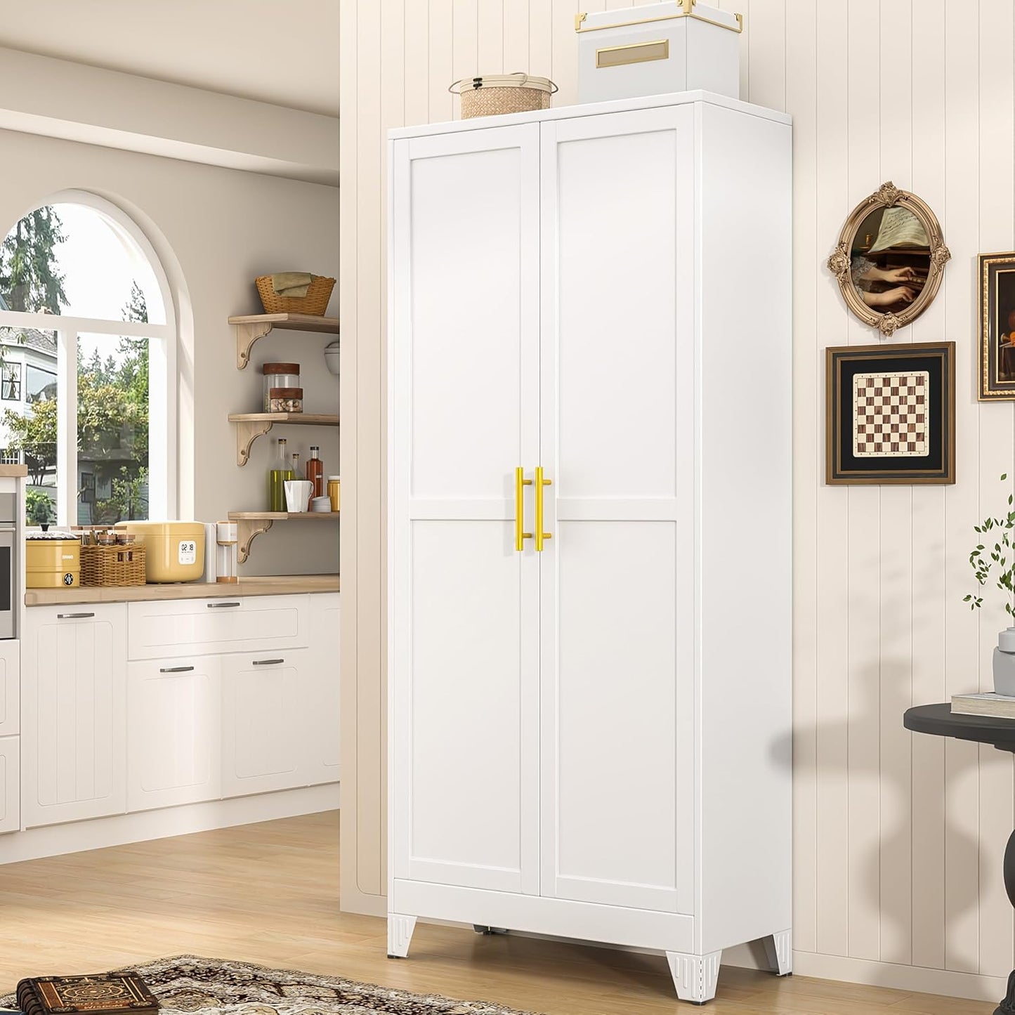 White Metal Kitchen Storage Cabinet, Kitchen Pantry Storage Cabinet with Doors and Shelves, Storage Cabinet with Adjustable Leveling Foot for Kitchen, Living Room and Dining Room. 61" H