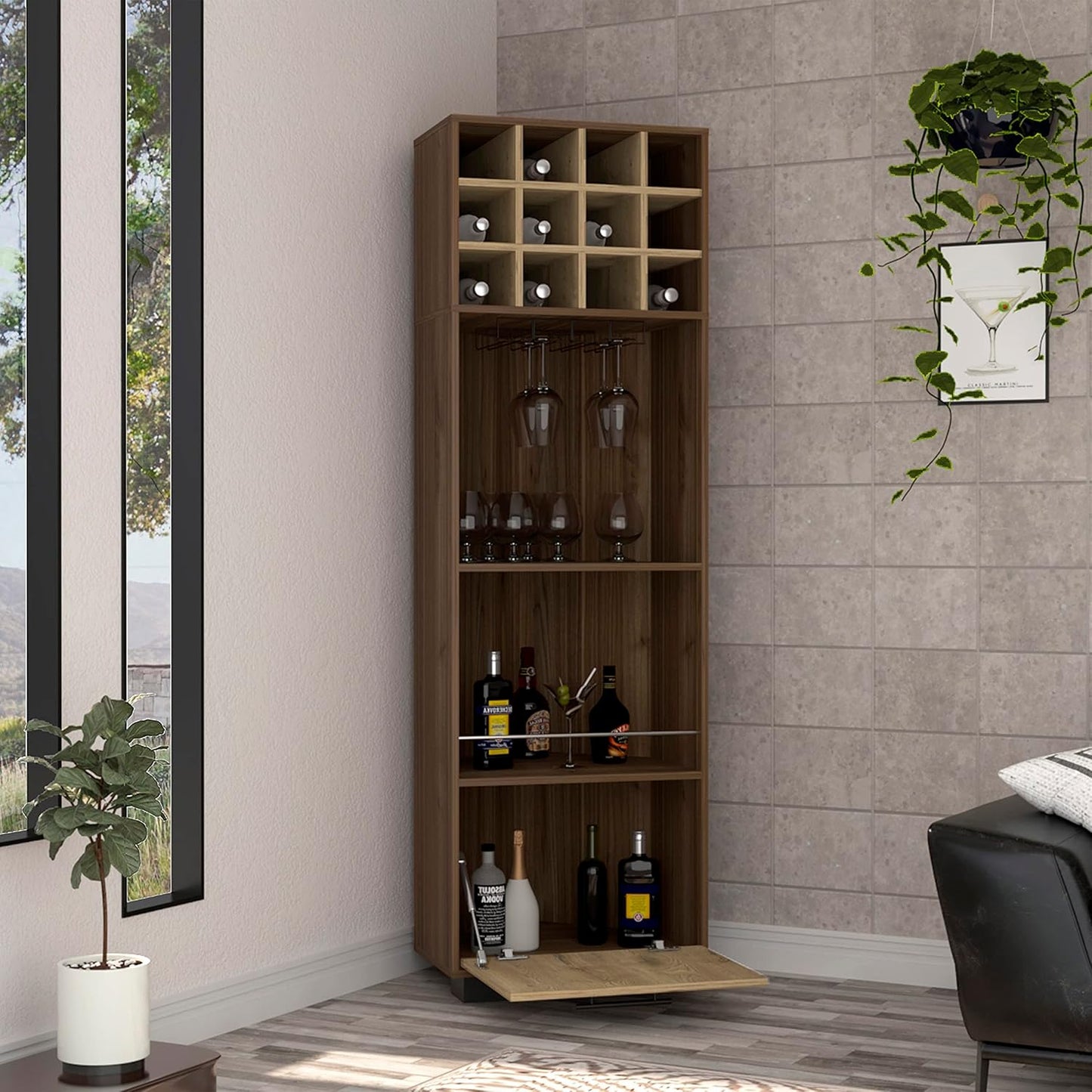 Penau Modern Corner Bar Cabinet with Twelve Built-in Wine Racks Two Side Shelves and One Flexible Drawer Particle Board Light Oak Finish 21.9 x 23.7 x 70.9 Inchs